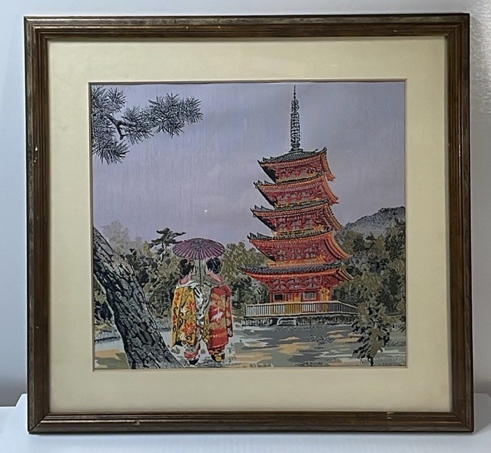 Vintage Japanese Silk Embroidery Landscape’s Framed, Beautiful Art Vintage Japanese Silk Embroidery Landscape’s Framed, Beautiful Art