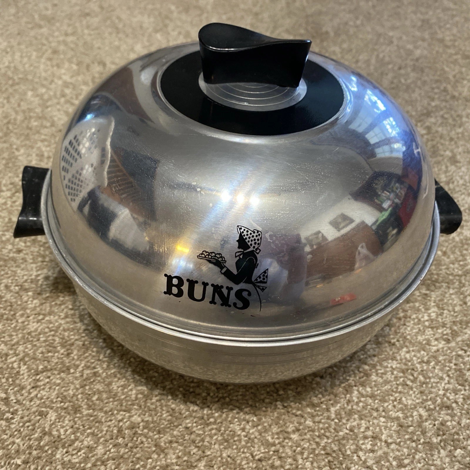 Vintage West Bend Bun Warmer Serving Oven Aluminum 3 Piece Sunbonnet Lady Apron 