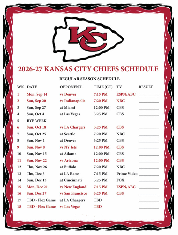 Kansas City Chiefs Large METAL fridge magnet 🏈 2026 - 27 Schedule 4x6
