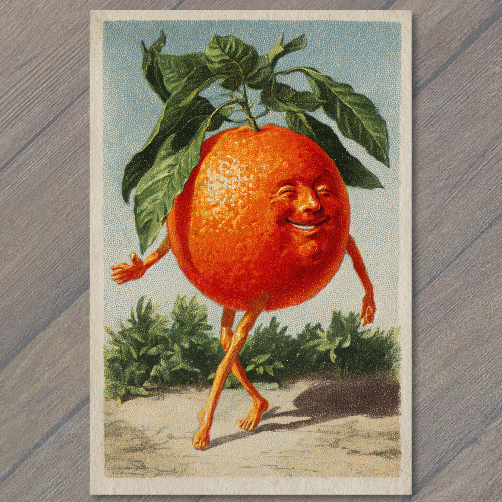 POSTCARD Dancing Orange Man Vintage Fruit Character Whimsy Retro Cheerful POSTCARD Dancing Orange Man Vintage Fruit Character Whimsy Retro Cheerful