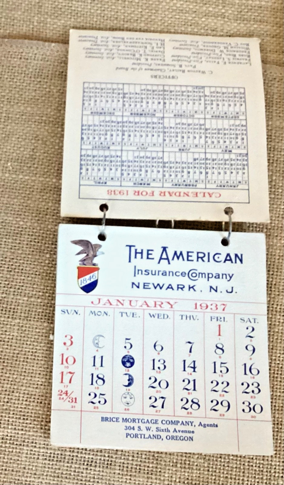 1937 Vintage Calendar “The American Insurance Company”. Brice Mort. Portland OR 1937 Vintage Calendar “The American Insurance Company”. Brice Mort. Portland OR
