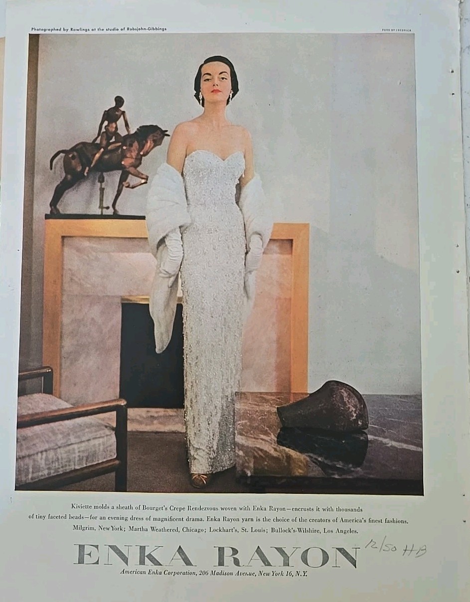 1950 Womens White Kiviette Enka Rayon Evening gown fur stole vintage Ad 1950 Womens White Kiviette Enka Rayon Evening gown fur stole vintage Ad