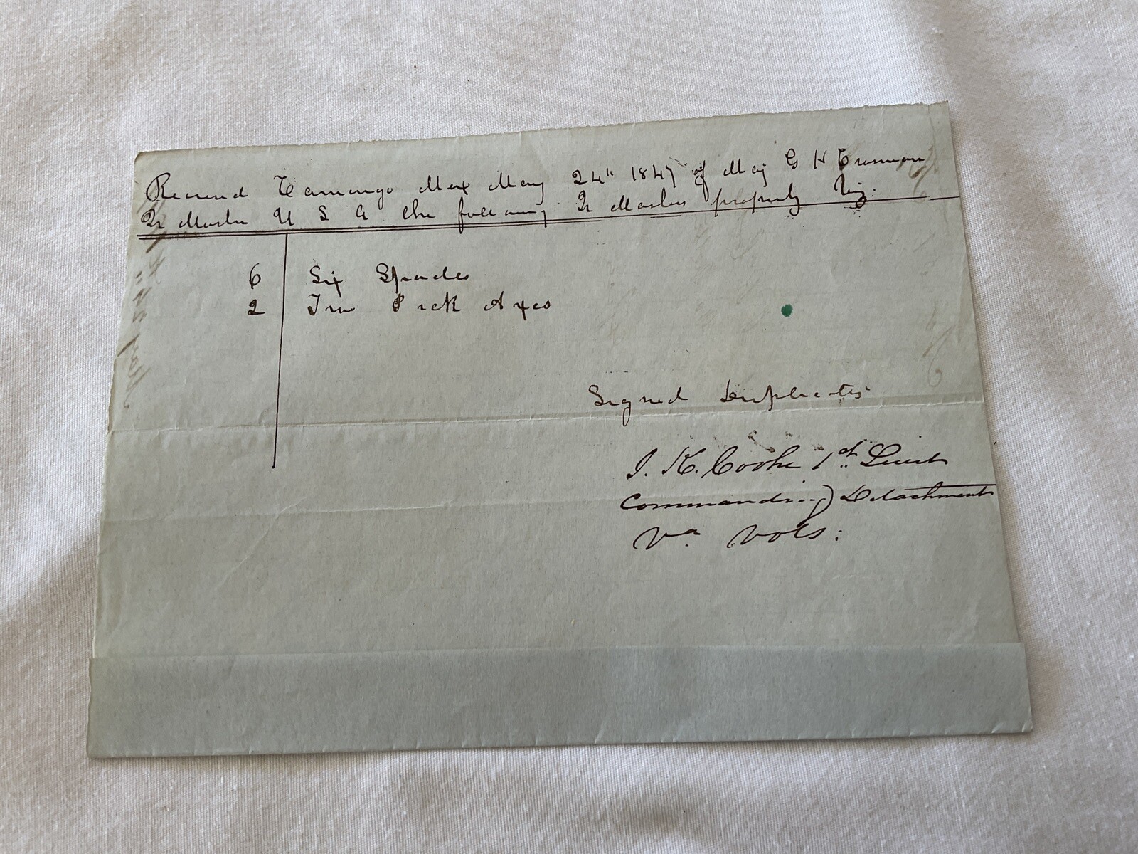 520 Mexican War Camargo Mexico Virginia Volunteer Supply Receipt dated 1847 520 Mexican War Camargo Mexico Virginia Volunteer Supply Receipt dated 1847