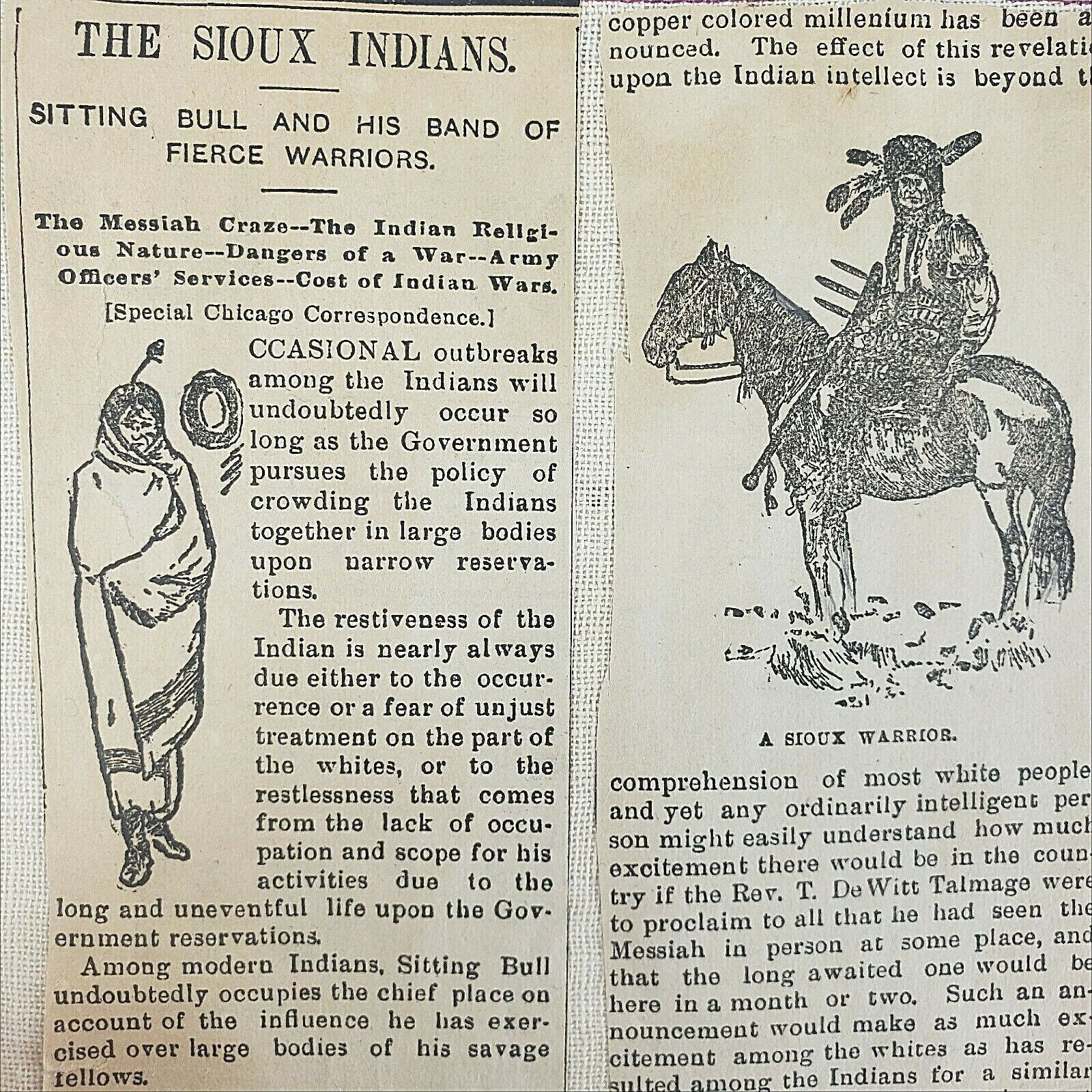 Sioux Indians 1880s Newspaper Clipping Sitting Bull Warriors Wars Chicago Native