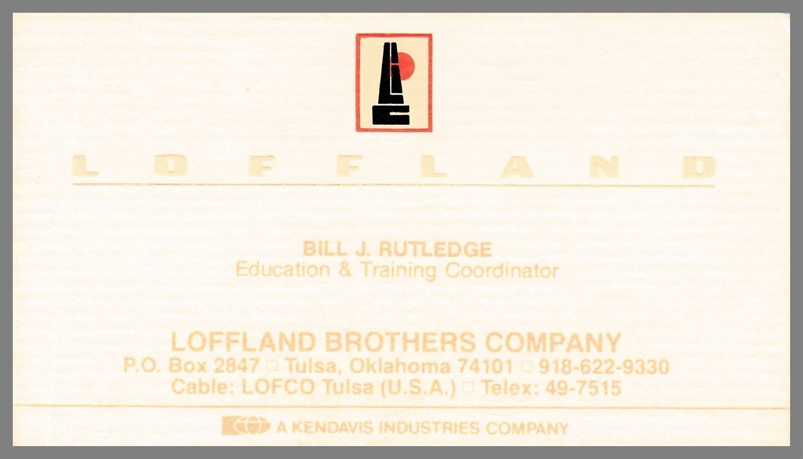 Loffland Brothers Co. Bill Rutledge Tulsa Oklahoma Business Card Vintage
