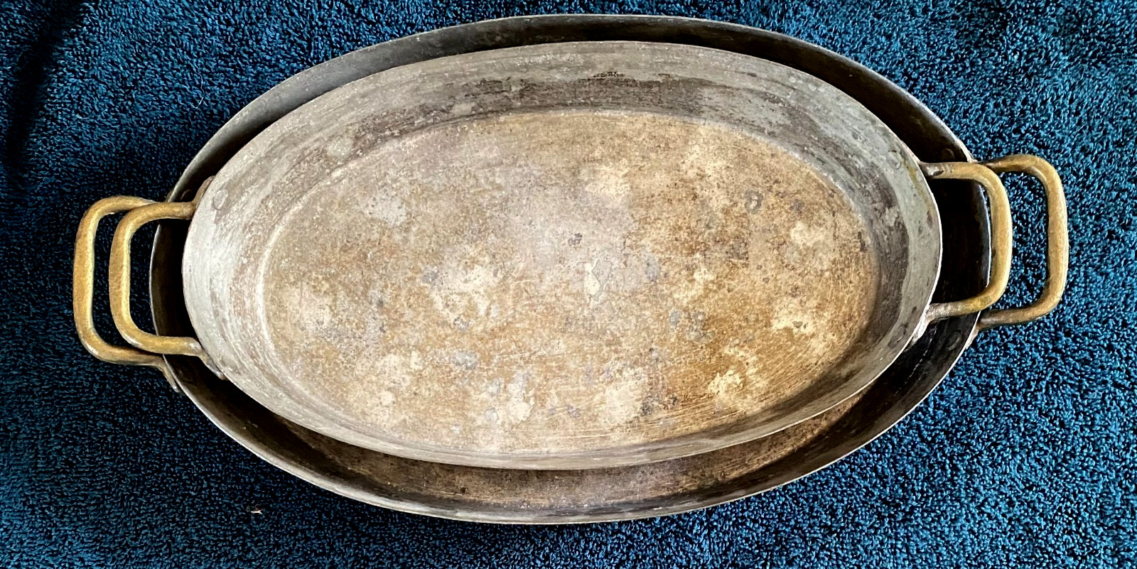 VINTAGE COPPER TIN LINED AU GRATIN PAN COOKWARE W BRASS HANDLES 15.5\ VINTAGE COPPER TIN LINED AU GRATIN PAN COOKWARE W BRASS HANDLES 15.5\