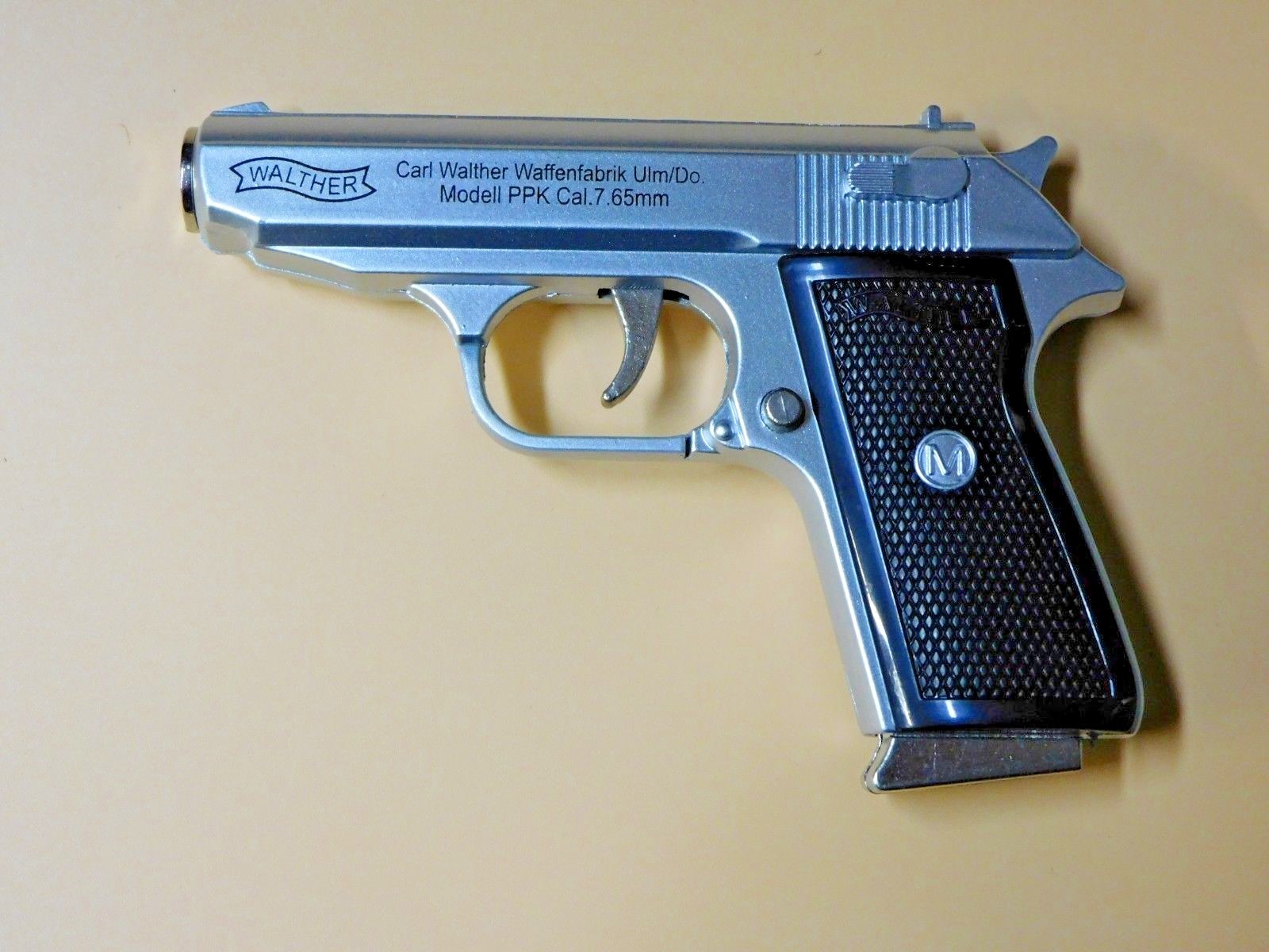Silver Special Walther PPK Gun Shape Jet Torch Lighter With Spring Knife Clip Silver Special Walther PPK Gun Shape Jet Torch Lighter With Spring Knife Clip