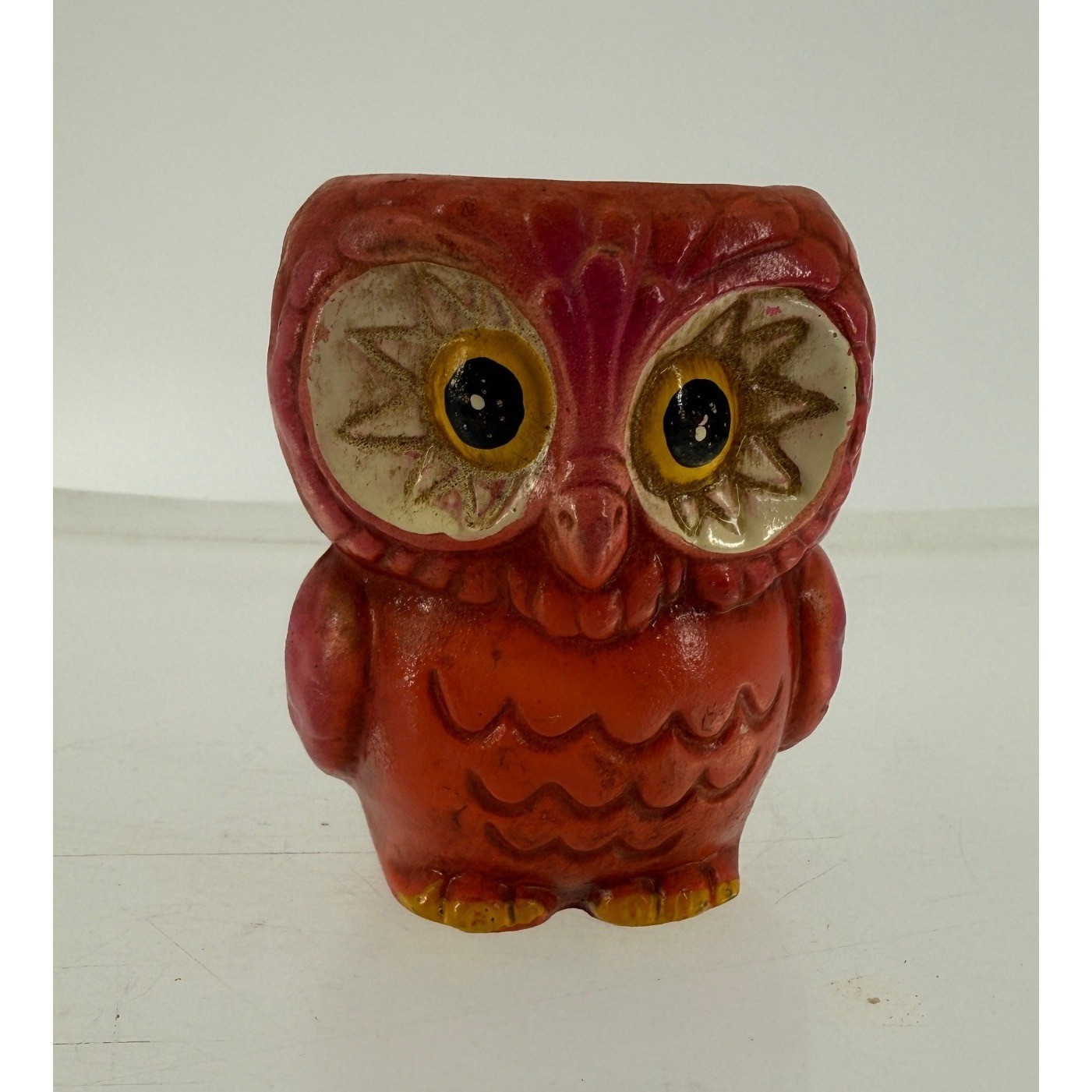 Vtg 1970s Ceramic Owl Candle Orange Red Boho Retro Kitsch Woodland Decor HIppie
