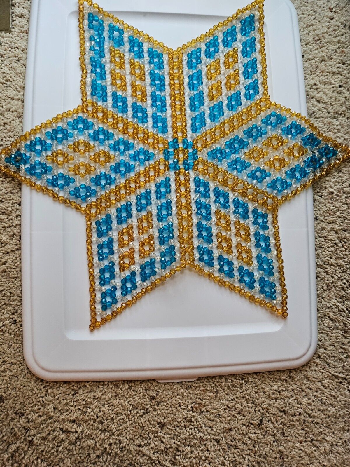 Vintage MCM Blue Yellow Star Shaped Lucite Beads Table Decor Mat Runner