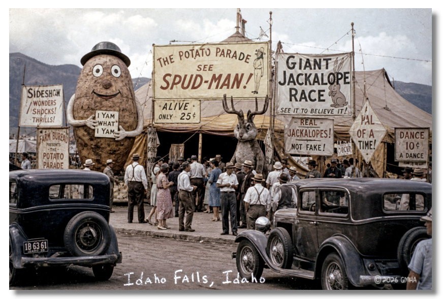 Vintage‑STYLE  ART 1930s RPPC-SPUD MAN IDAHO FALLS, IDAHO-FAUX PHOTO