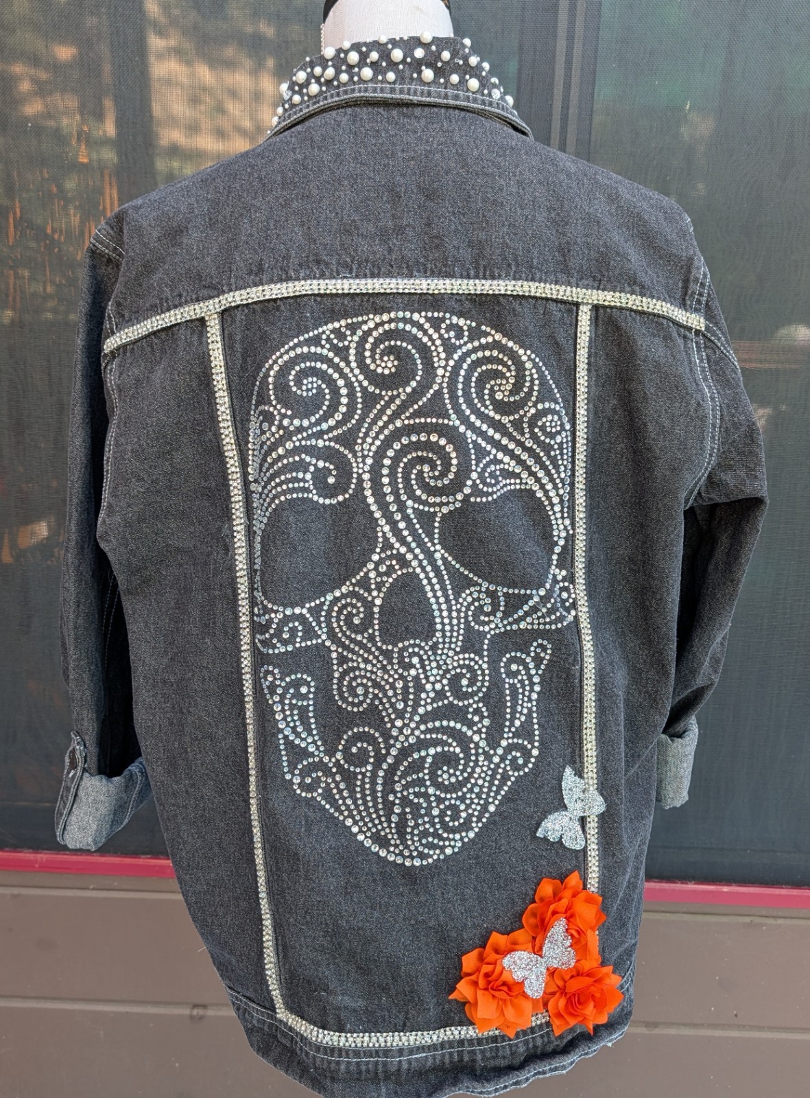 Dia de los Muertos Skull Rhinestone  Sz M Denim Jacket Upcycle 3D Butterfly