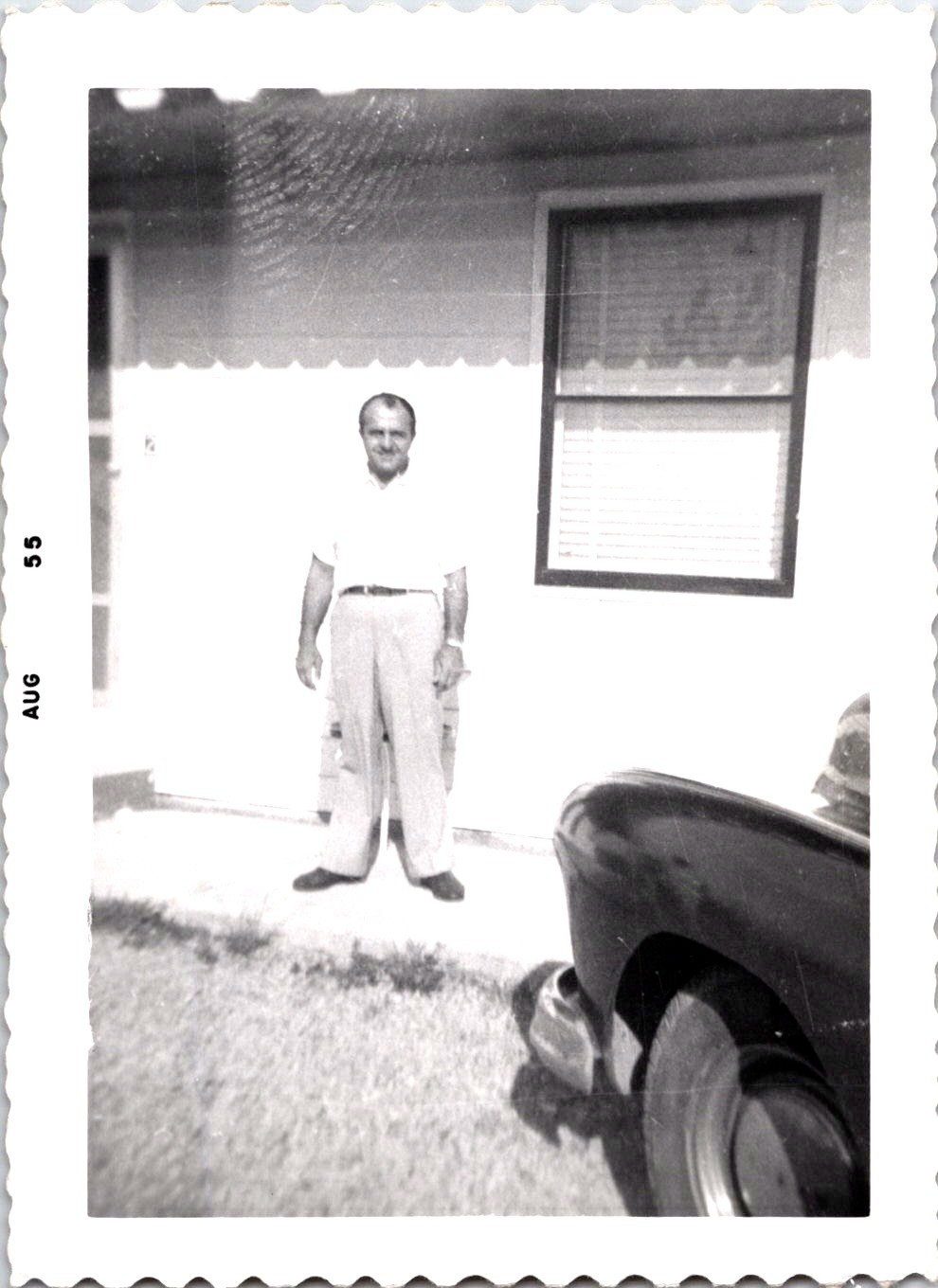 Man Outside House with Vintage Automobile, 1955 B&W Snapshot Photo