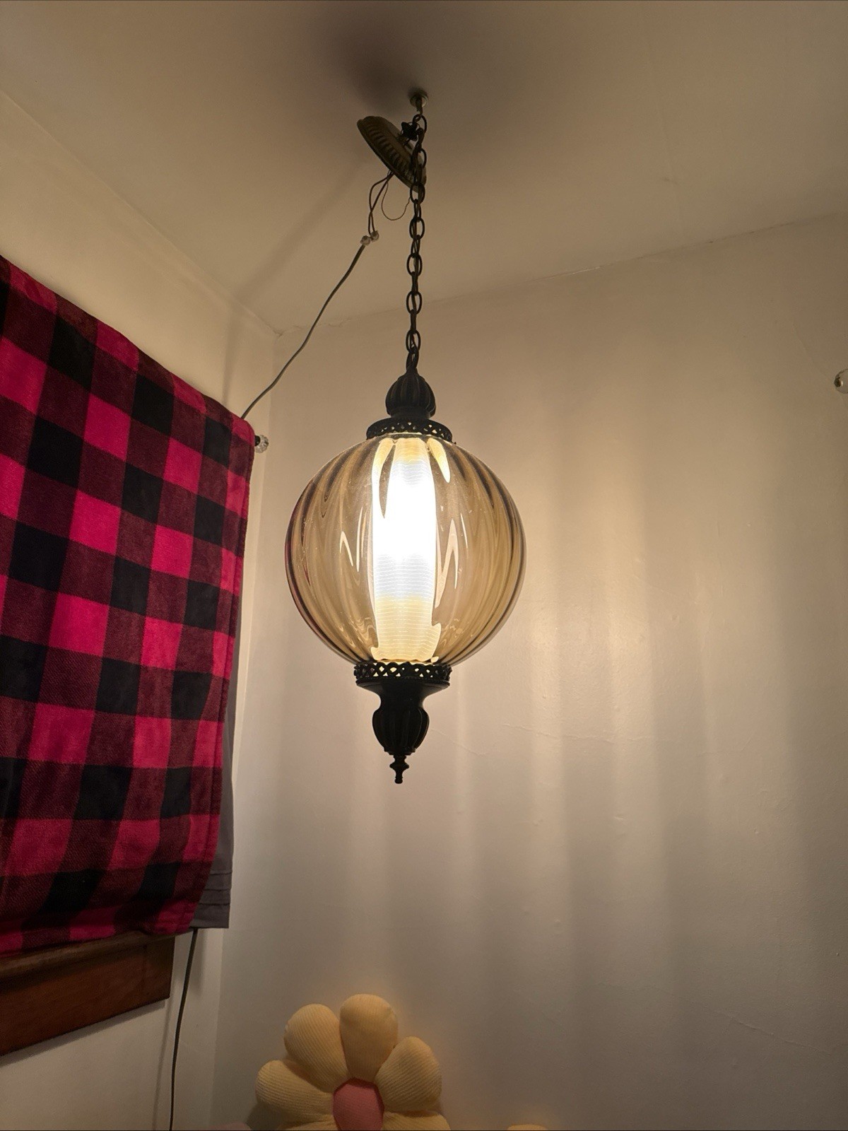 Vintage Mid Century Amber ribbed 12” Glass Globe Hanging Swag Lamp w/t Wall Plug Vintage Mid Century Amber ribbed 12” Glass Globe Hanging Swag Lamp w/t Wall Plug