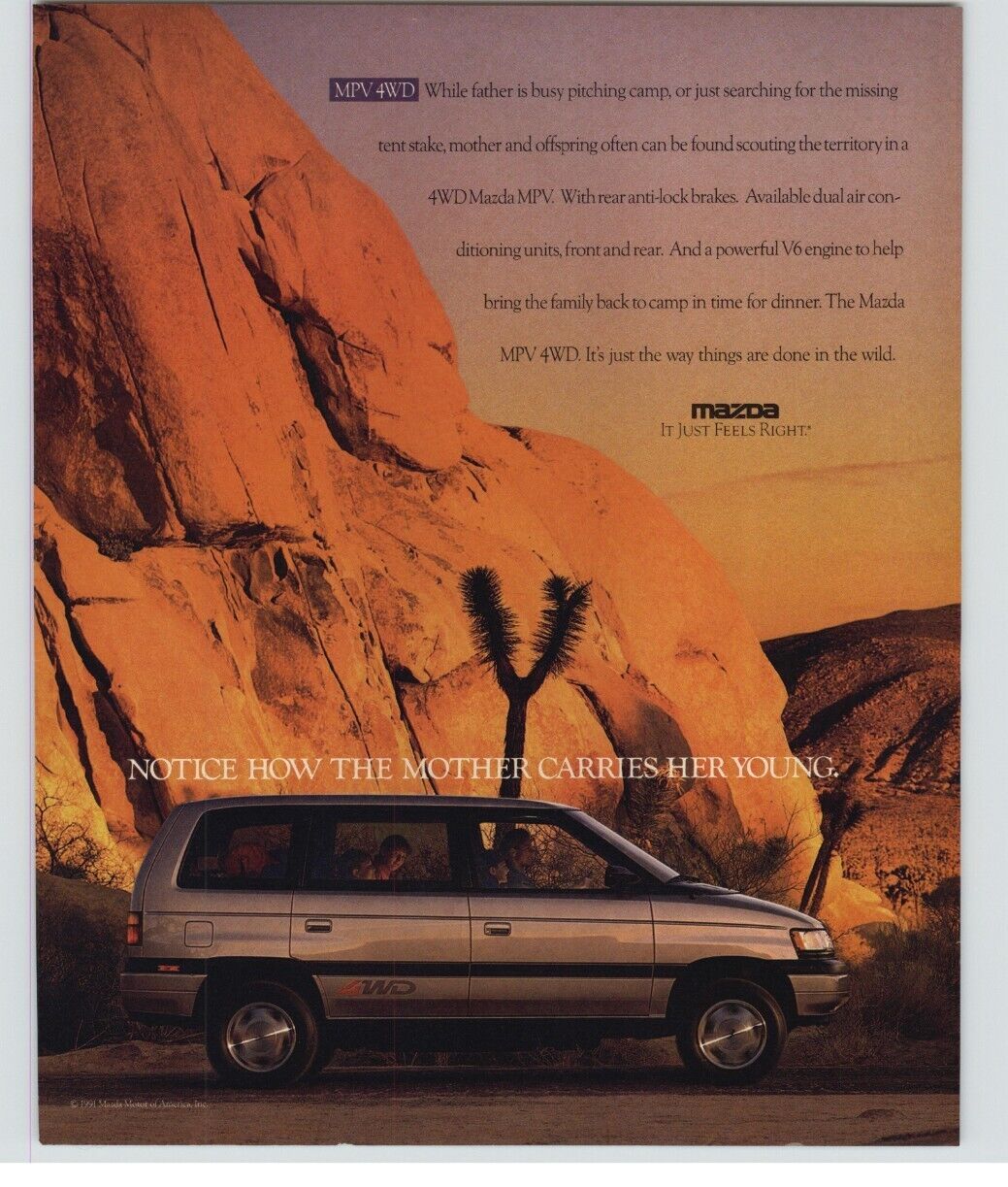 1991 Mazda MPV 4WD Minivan Roadside By Mountain Photo Vintage Print Ad 