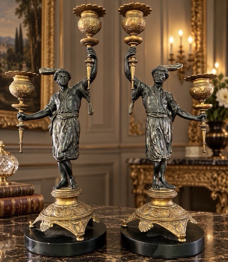 Antique French Orientalist Blackamoor Patinated Spelter Bronze Candelabra Pair Antique French Orientalist Blackamoor Patinated Spelter Bronze Candelabra Pair