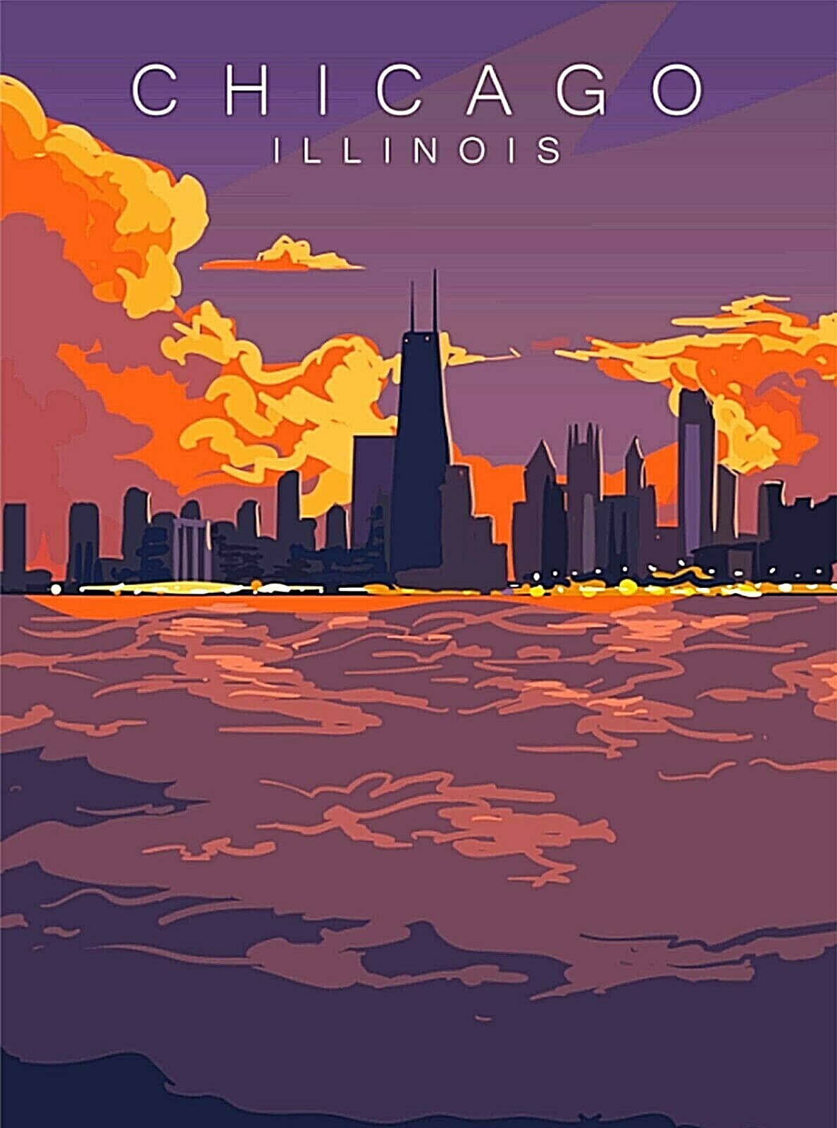 Chicago Illinois at sunset Retro Travel Art Deco Poster Print Chicago Illinois at sunset Retro Travel Art Deco Poster Print