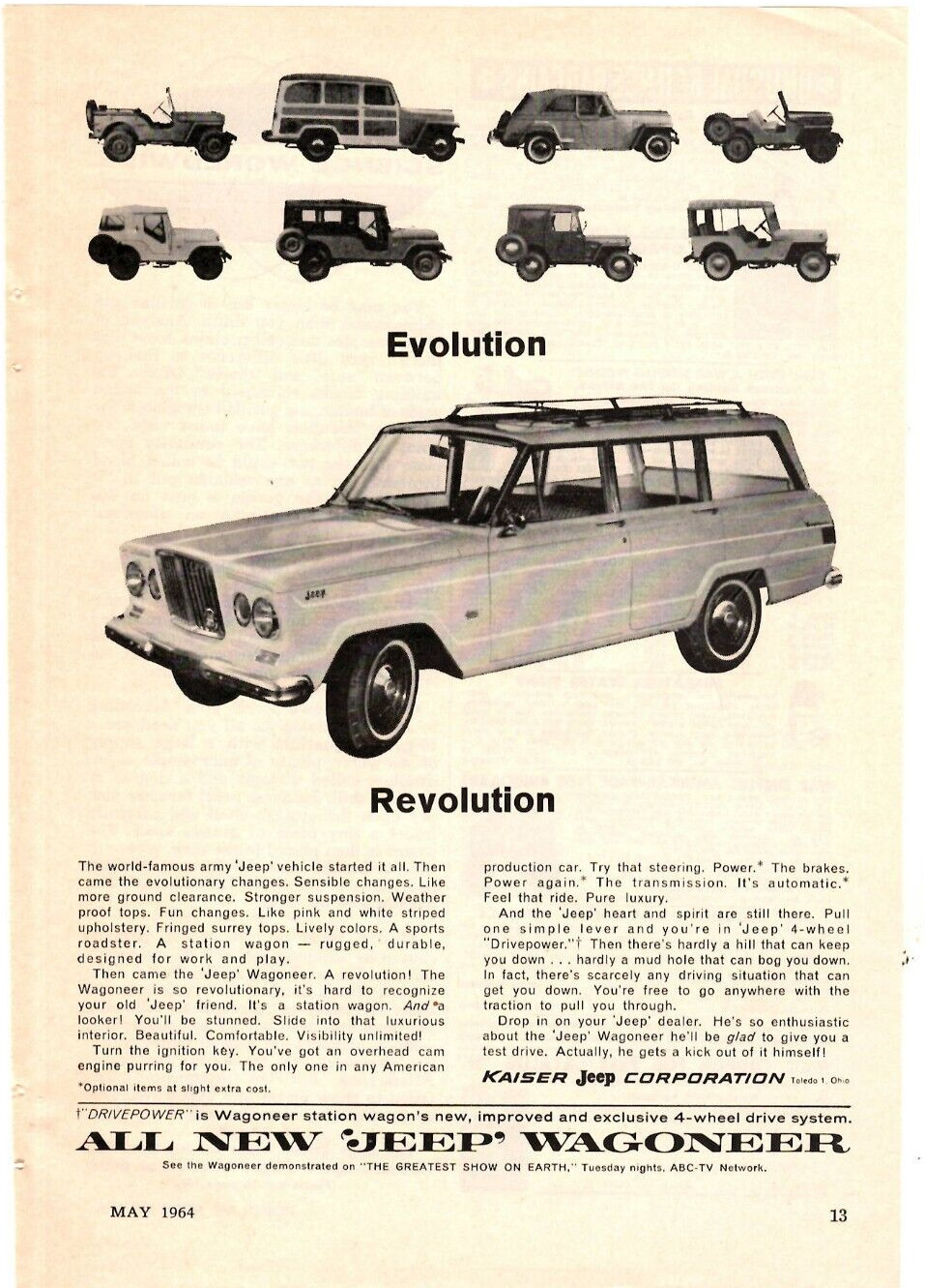 1964 Print Ad Jeep Wagoneer Station Wagon Power Steering Automatic Evolution