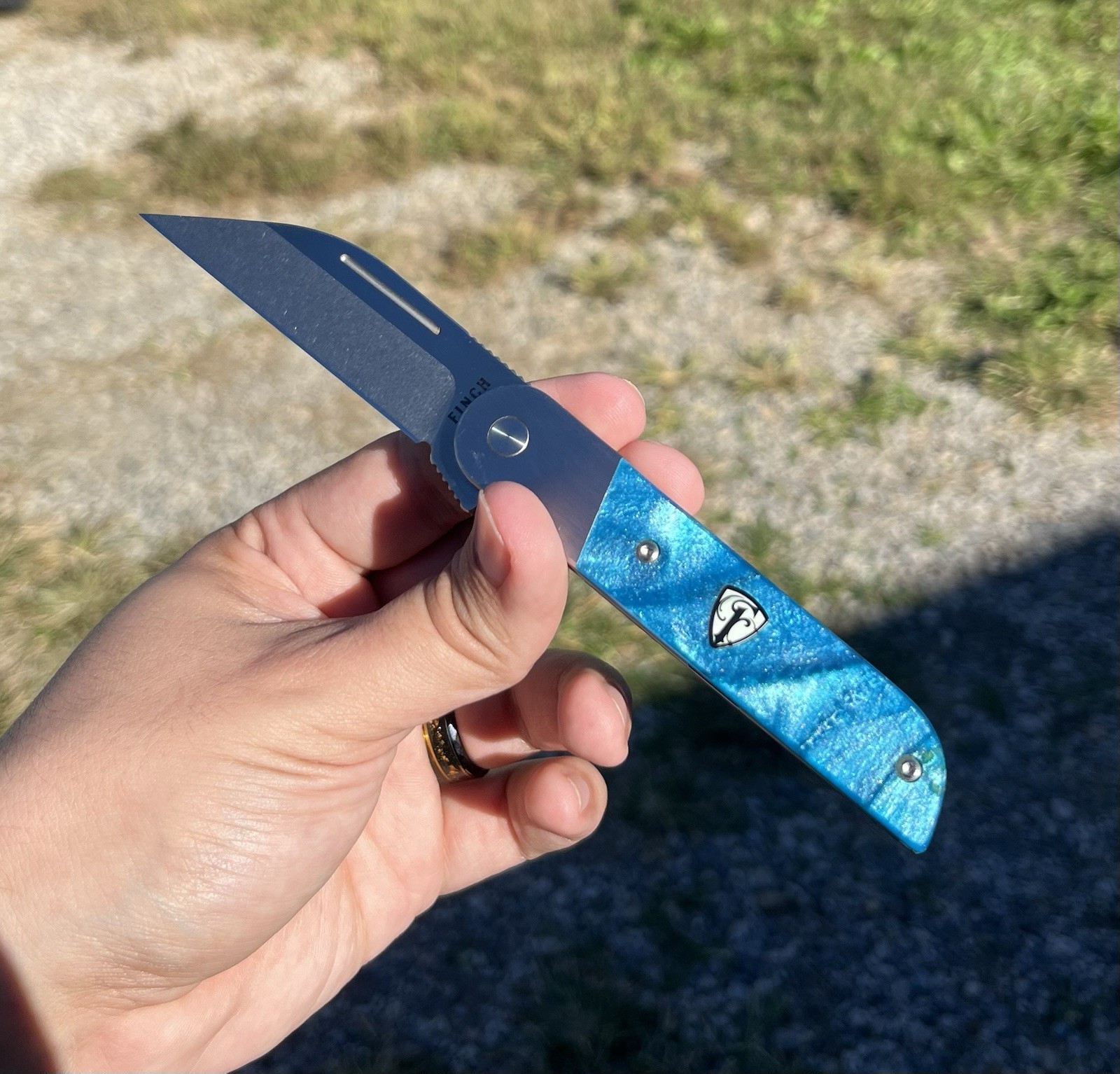 Finch Knife Reciprocity Tidal Blue Resin Handle 154CM Custom Titanium Gold Clip Finch Knife Reciprocity Tidal Blue Resin Handle 154CM Custom Titanium Gold Clip