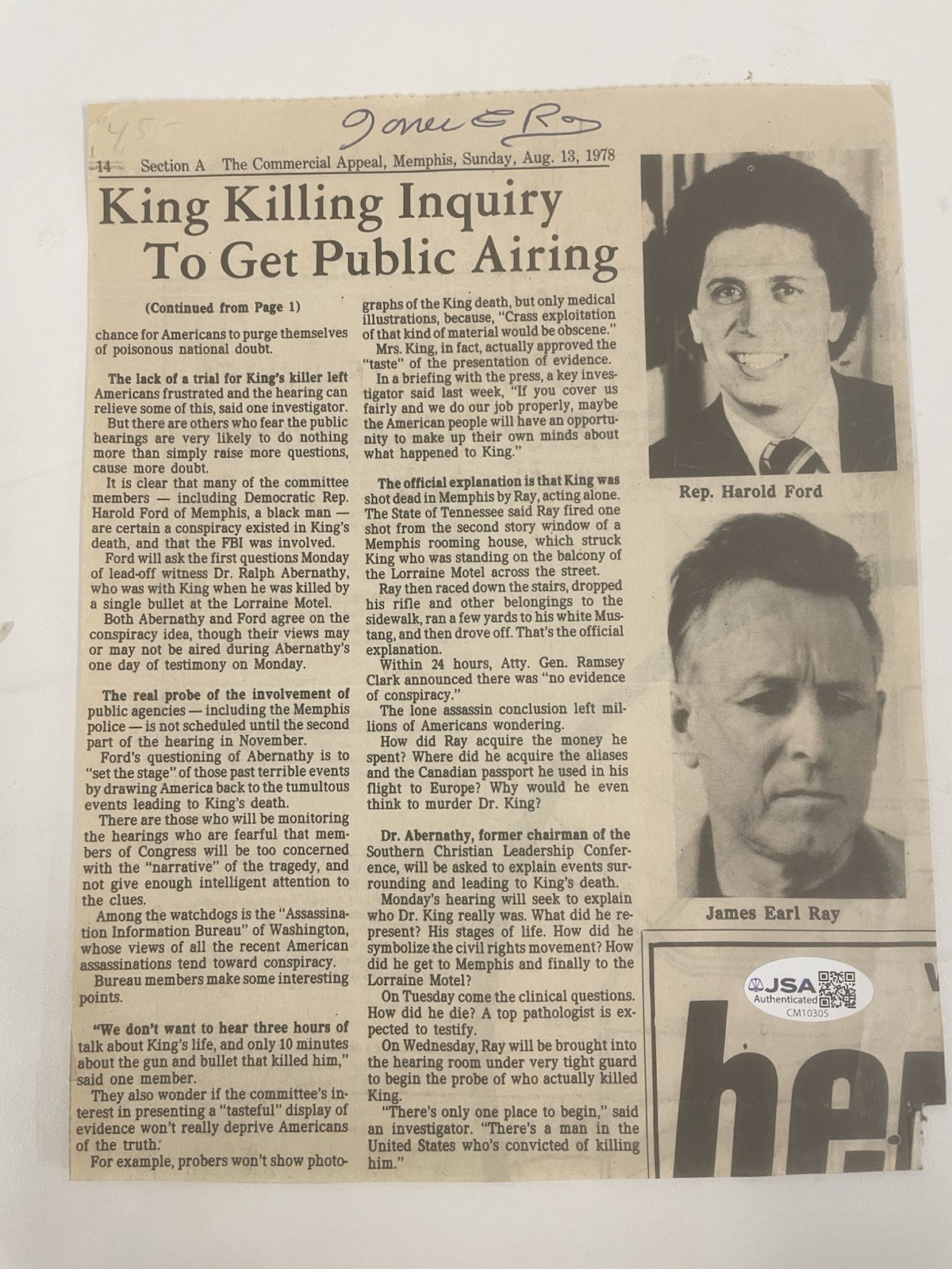 James Earl Ray MLK assassin Signed 1982 Press Clipping JSA Certified James Earl Ray MLK assassin Signed 1982 Press Clipping JSA Certified