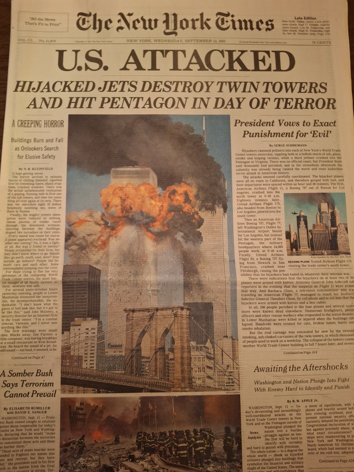 Newspapers-9/11-U.S. ATTACKED, N Y TIMES CITY EDITION, TWIN TOWERS DESTROYED...