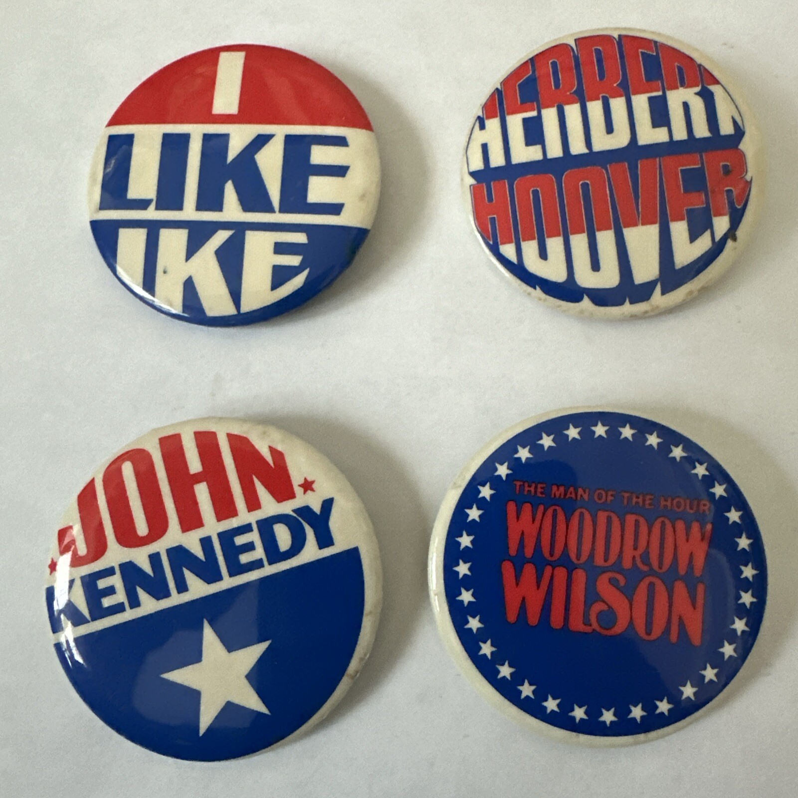 Four very unique retro presidential buttons 2 Inch, Hoover, Ike, Kennedy, Wilson Four very unique retro presidential buttons 2 Inch, Hoover, Ike, Kennedy, Wilson