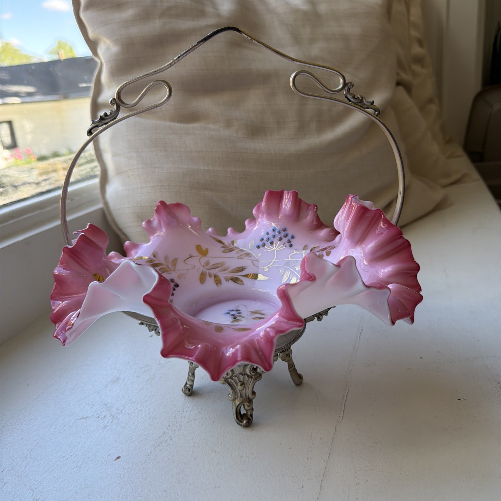Victorian Webster Silverplate Cranberry Opaque Milk Glass Ruffled Brides Basket Victorian Webster Silverplate Cranberry Opaque Milk Glass Ruffled Brides Basket