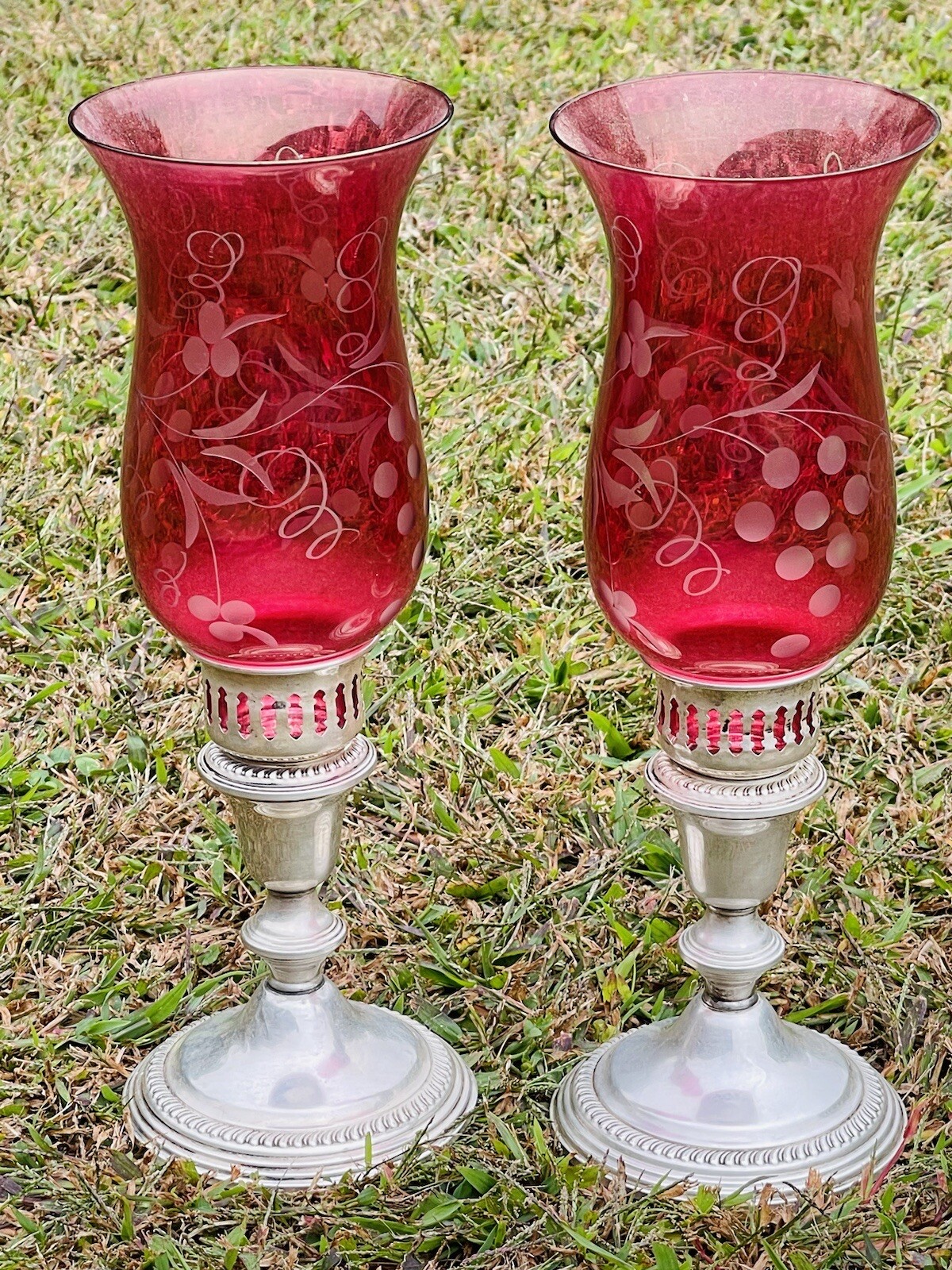Lovely Pair Of Silver Candle Sticks. Cranberry To Clear Glass Hurricane Shades Lovely Pair Of Silver Candle Sticks. Cranberry To Clear Glass Hurricane Shades