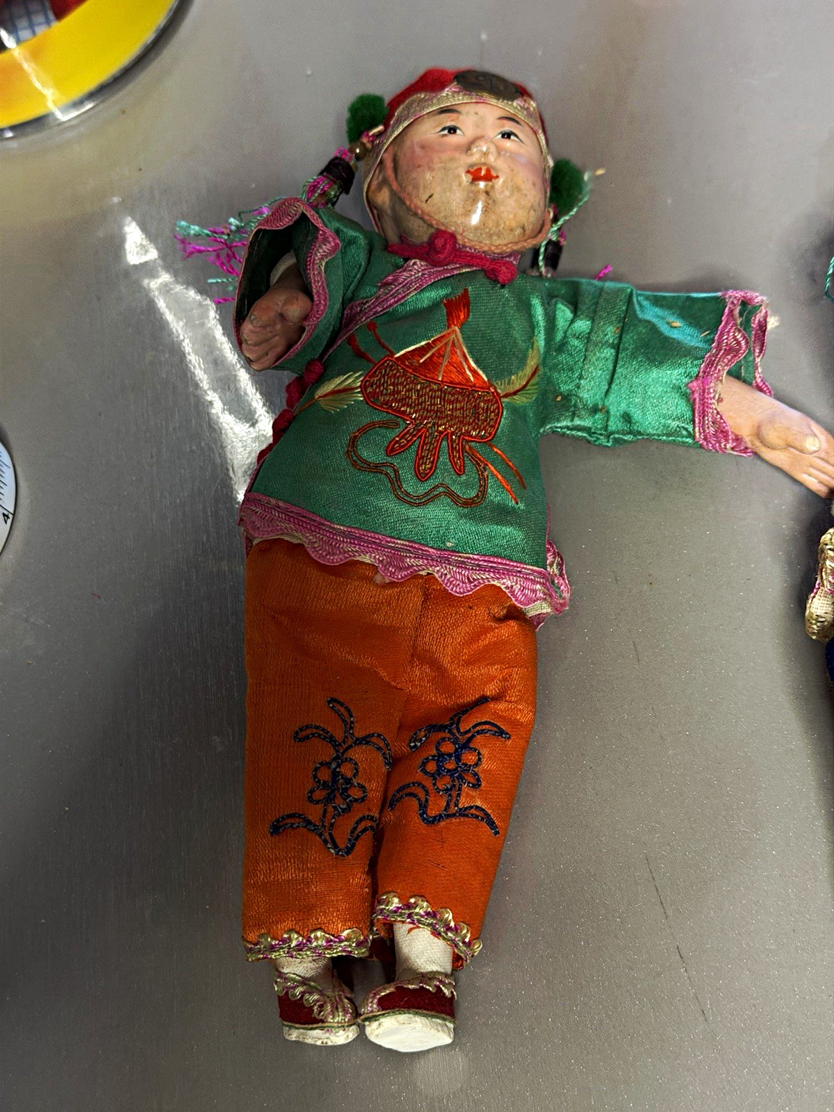 Pair Vintage Chinese Composition Cloth Dolls Embroidered Silk Costumes Folk Art Pair Vintage Chinese Composition Cloth Dolls Embroidered Silk Costumes Folk Art