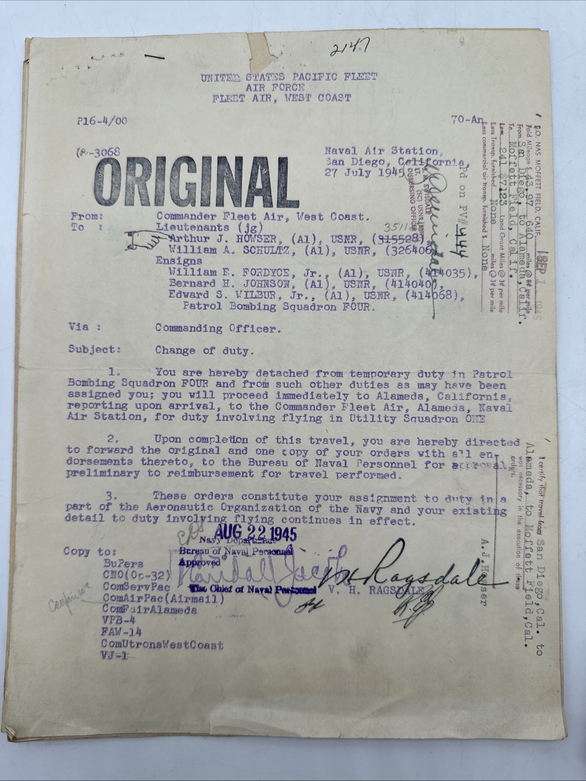 US Navy WWII Flight Orders 1945 VPB-4 VJ-1 Patrol Bombing Squadron