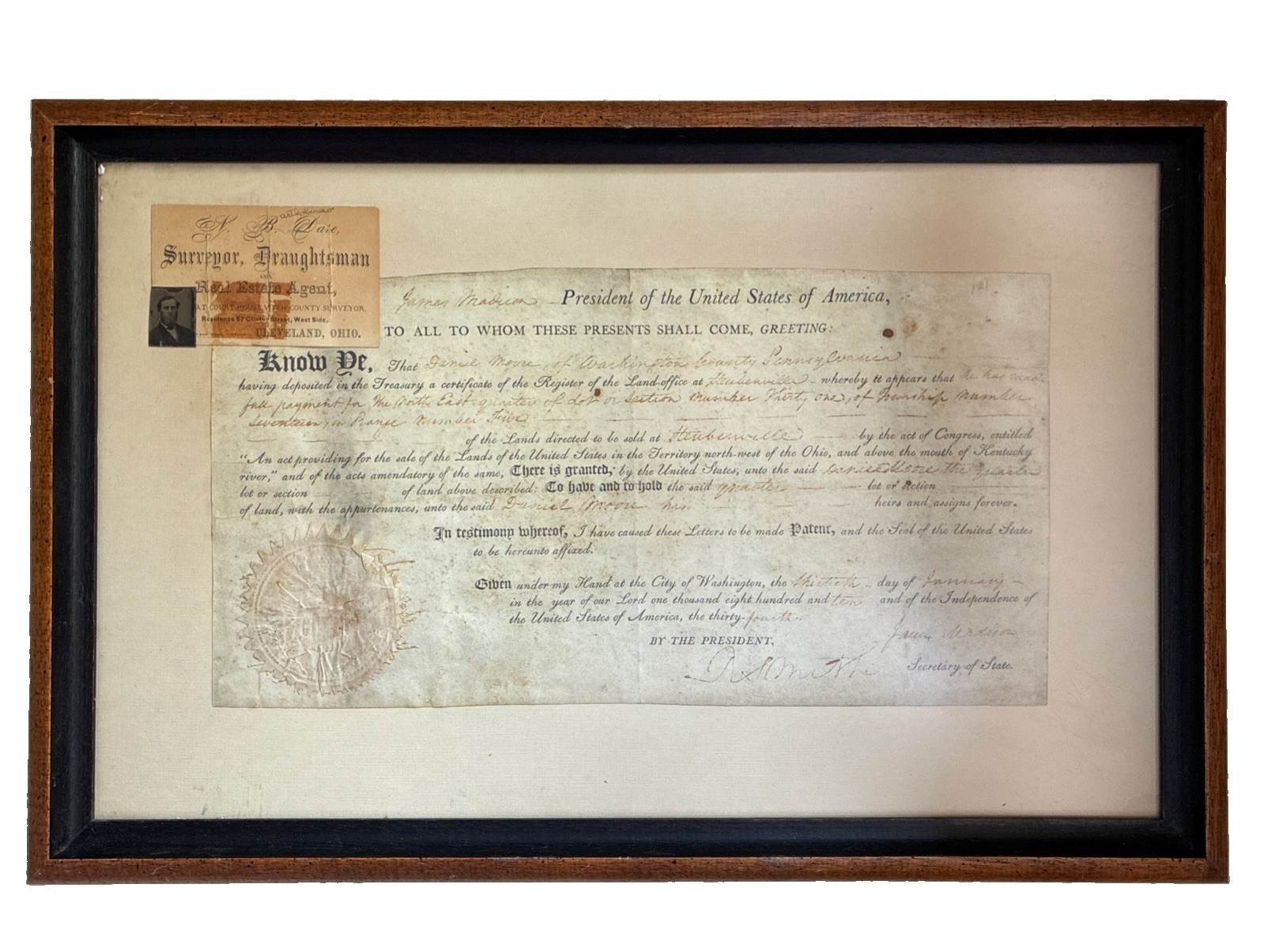 1810 James Madison Signed Ohio Land Patent to Daniel Moore w/ Seal & Provenance