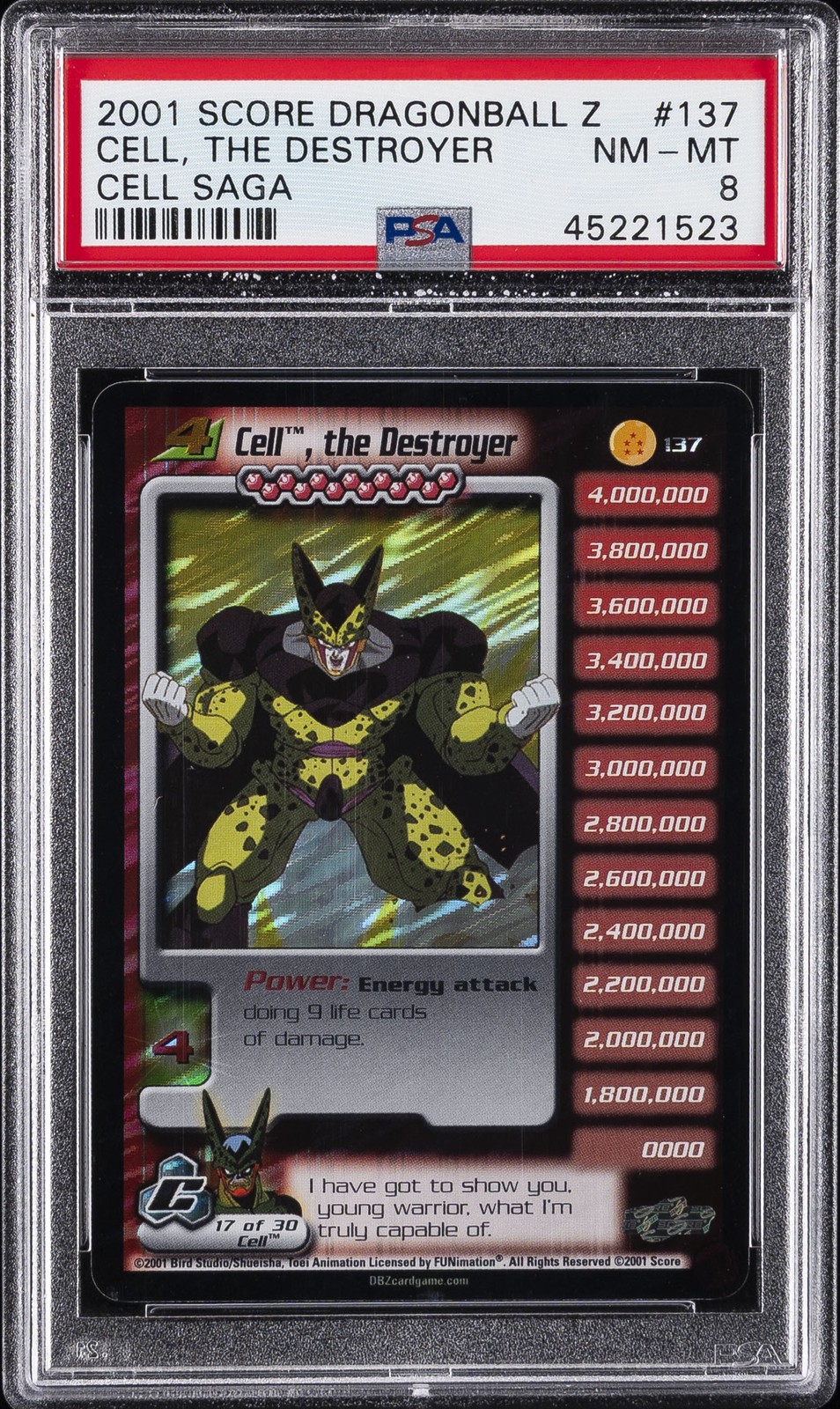 2001 SCORE DRAGON BALL Z CELL SAGA #137 CELL, THE DESTROYER PSA 8