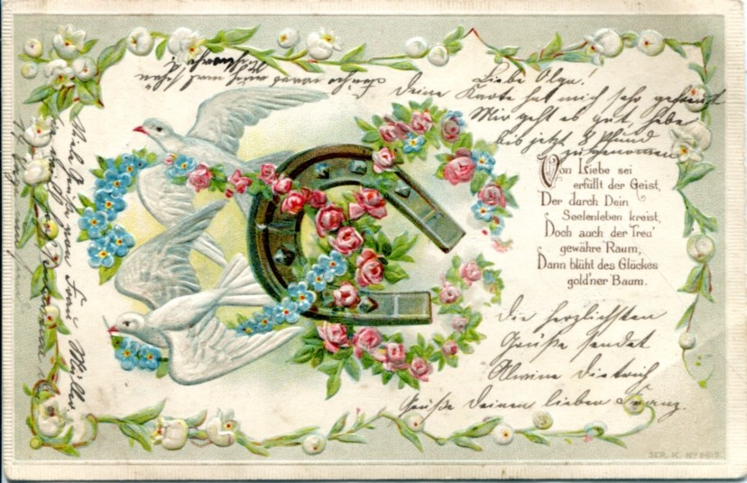 Ancient Ak, Embossed Glück-ak With Horseshoe, Pigeons, Flowers And Saying, 1904 Ancient Ak, Embossed Glück-ak With Horseshoe, Pigeons, Flowers And Saying, 1904