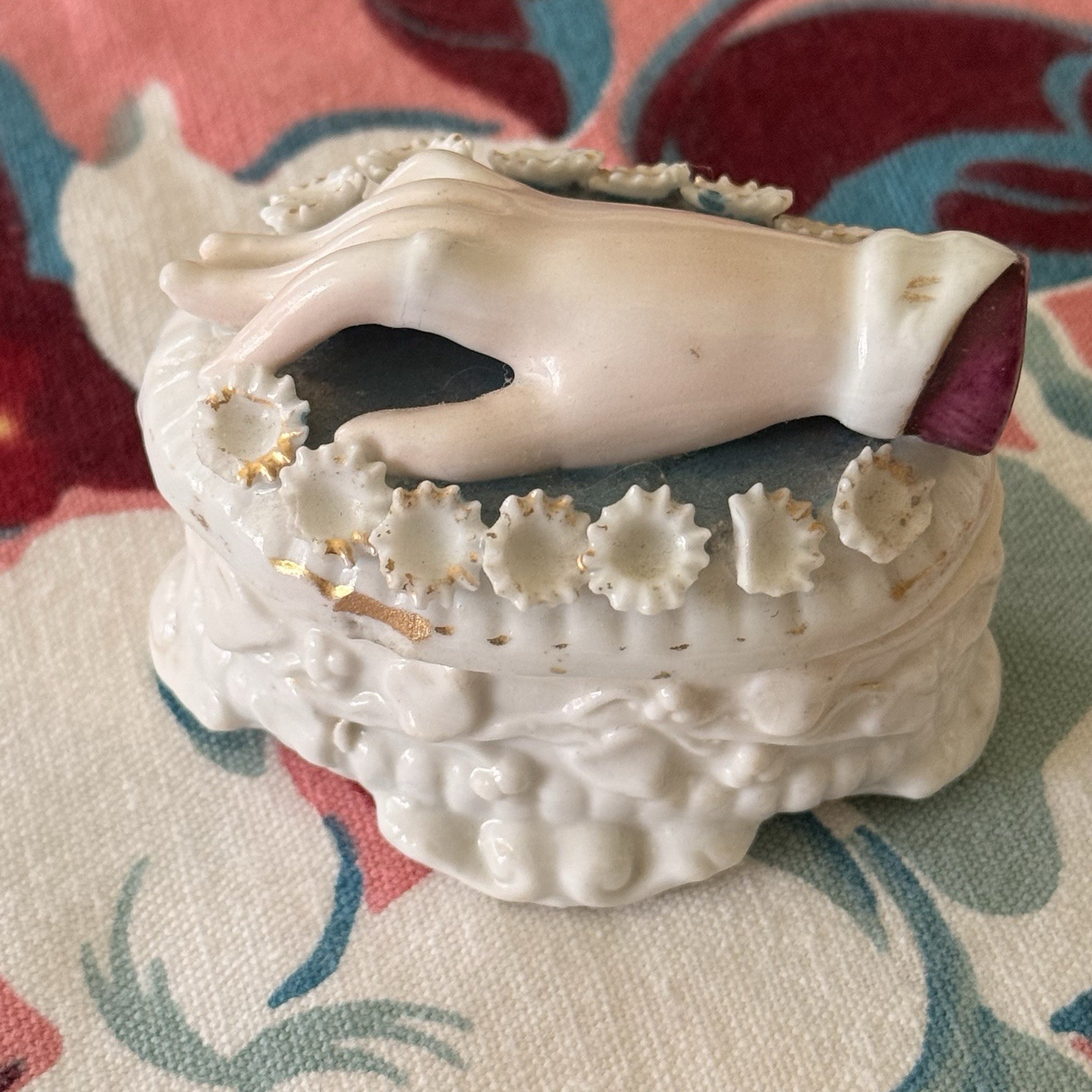Antique Victorian Porcelain Hand Trinket Box Ring Holder Applied Flowers Fairing