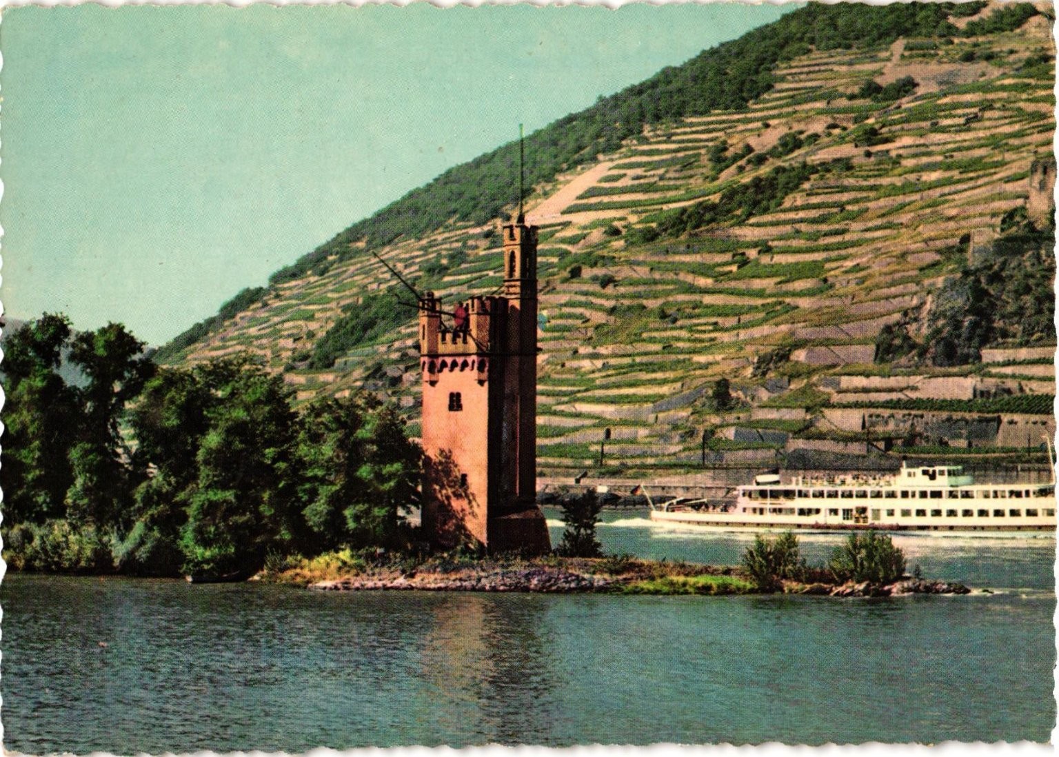 Binger Mäuseturm Rhine River Germany Vineyard Landscape Vintage Postcard Binger Mäuseturm Rhine River Germany Vineyard Landscape Vintage Postcard