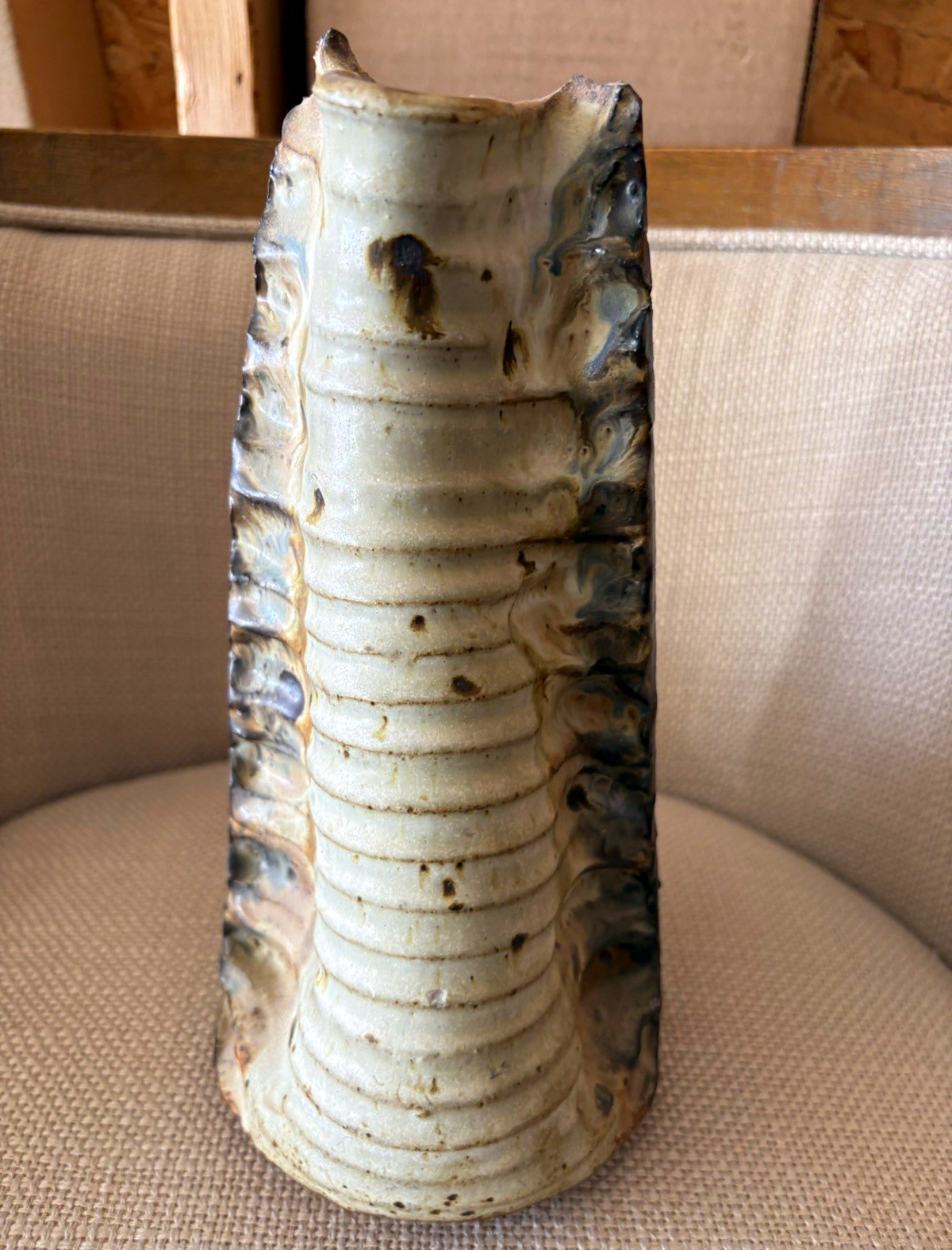 Vintage Bob Eckels Studio Pottery Stoneware Vase Heavy Ribbed Brutalist Signed