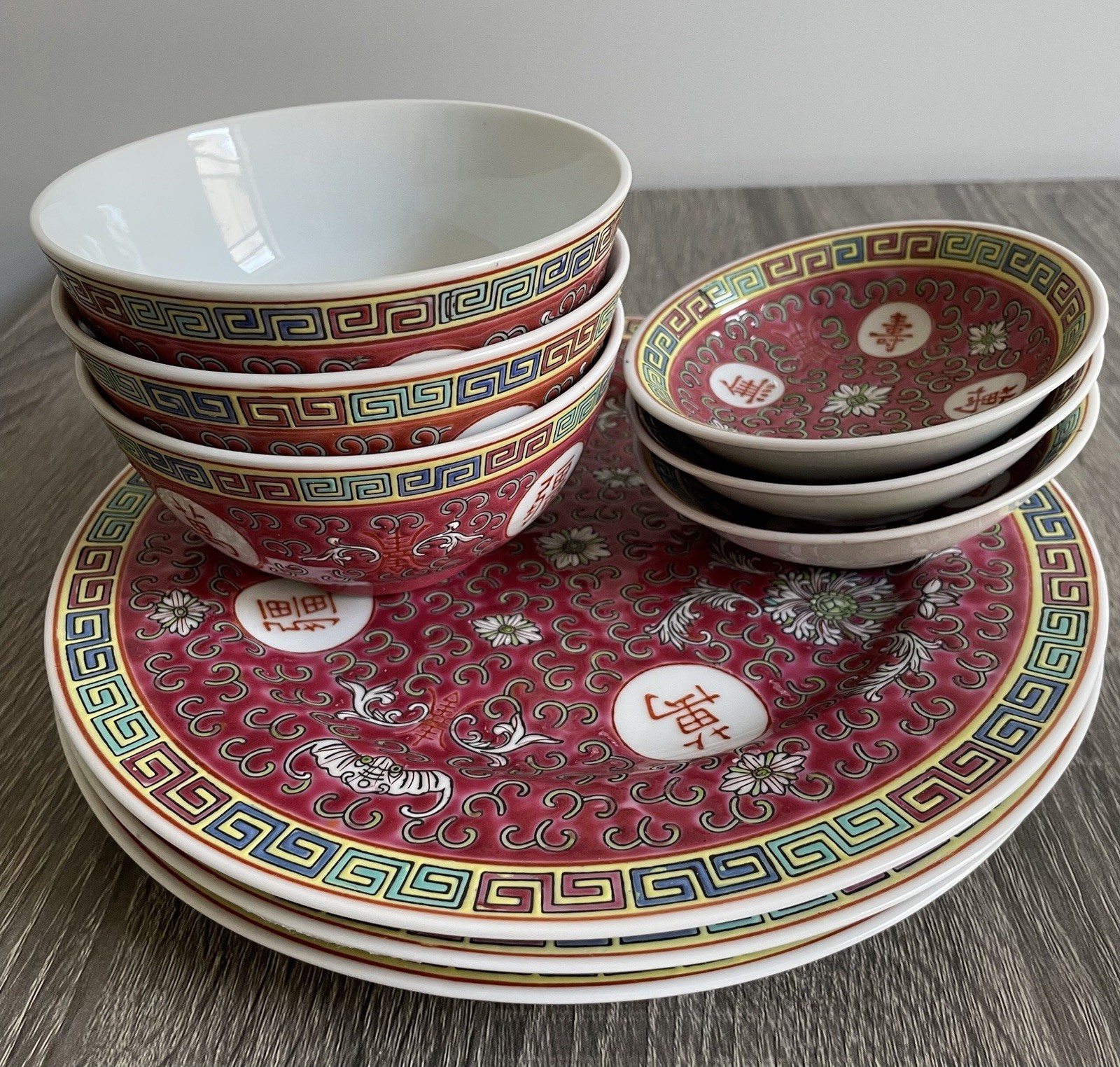 Vintage Chinese Mun Shou Rose Porcelain Set of 3