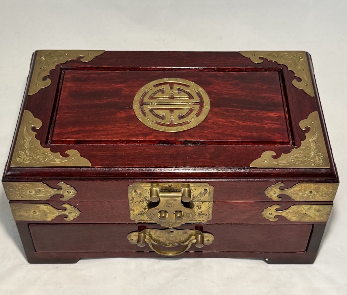 Vintage Chinese Rosewood Jewelry Box Brass Shou Longevity Red Silk Lined Drawer