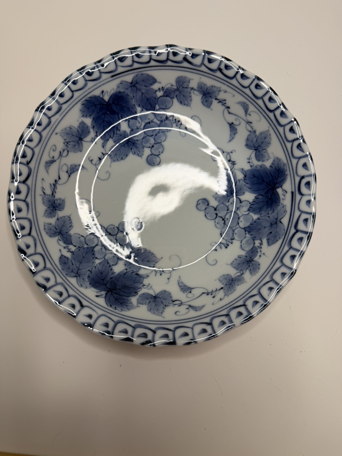Vintage Japanese Arita Theme Blue and White 8” Bowl with Grape Motif Vintage Japanese Arita Theme Blue and White 8” Bowl with Grape Motif