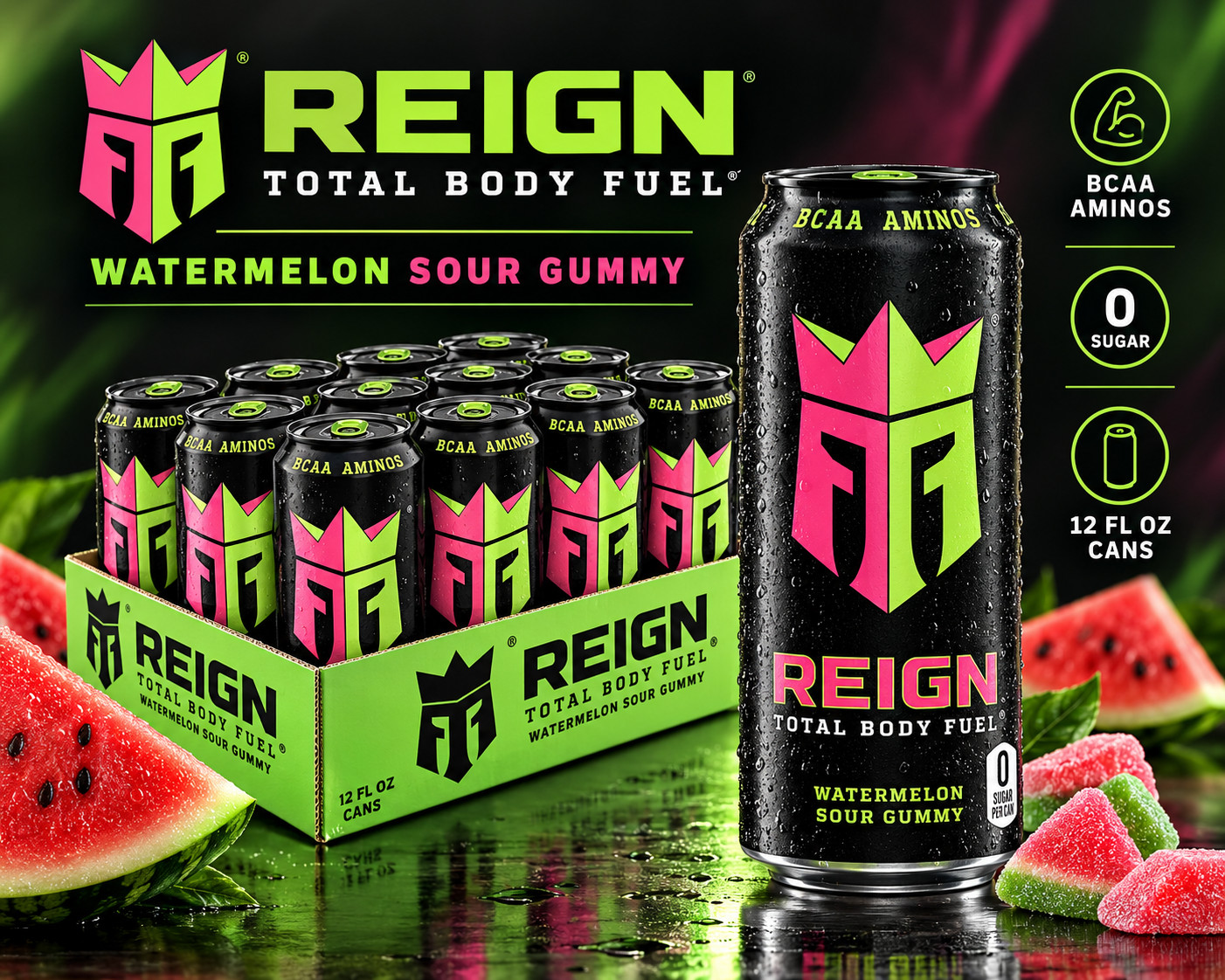 REIGN Total Body Fuel Watermelon Sour Gummy 16 fl oz 12 Pack Energy Drink REIGN Total Body Fuel Watermelon Sour Gummy 16 fl oz 12 Pack Energy Drink