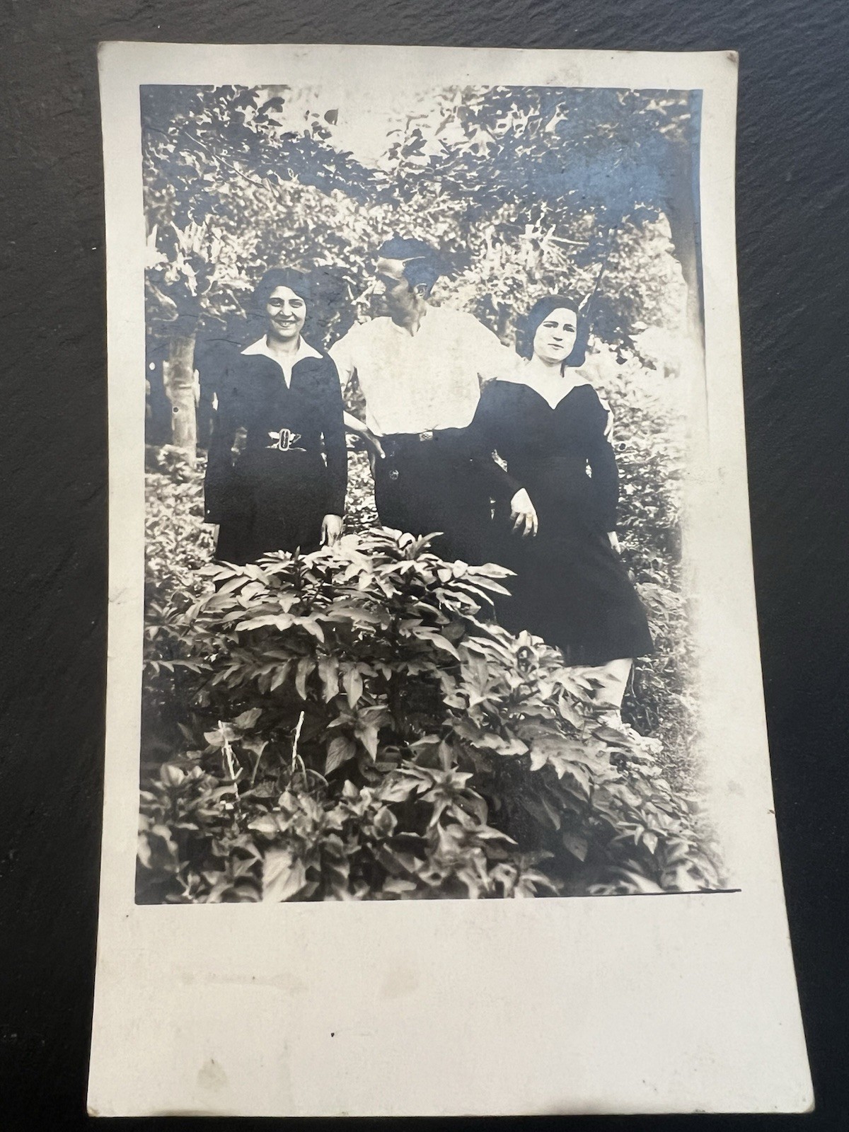 1920s Antique RPPC Postcard Family Garden Group Portrait Trio 