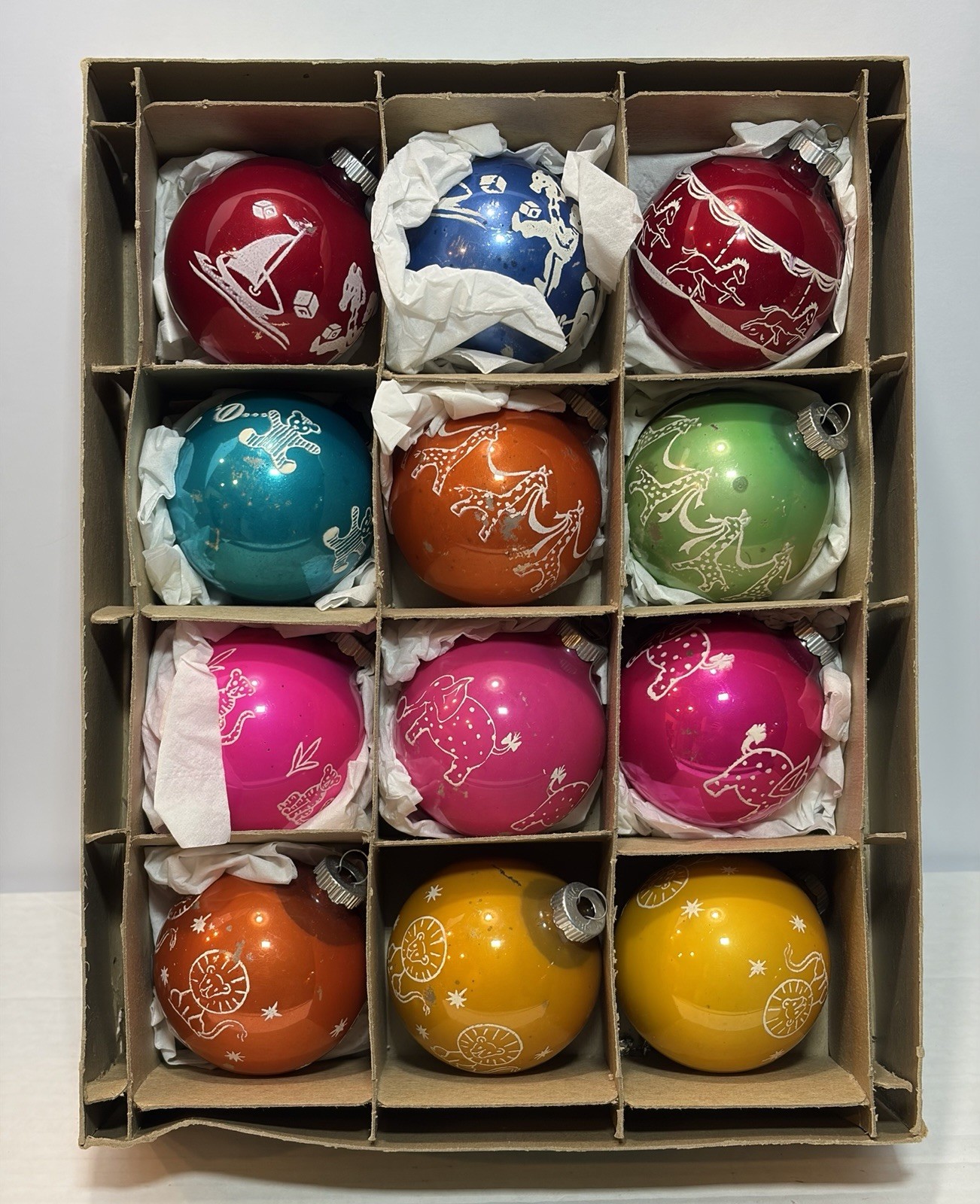 Vtg 1950s Shiny Brite Circus Nursery Glass Ornament Set 12pc In Uncle Sam Box