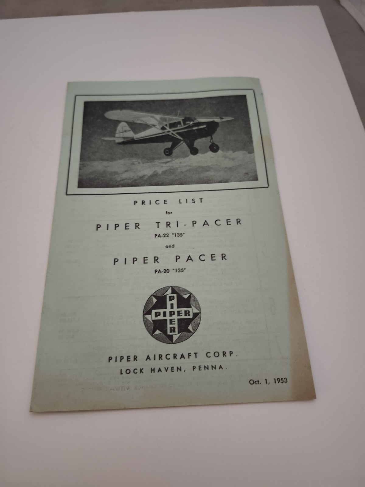 Piper Aircraft Price List 1953 Piper Tri Pacer PA-22 & Piper Pacer PA-20 Orig Piper Aircraft Price List 1953 Piper Tri Pacer PA-22 & Piper Pacer PA-20 Orig