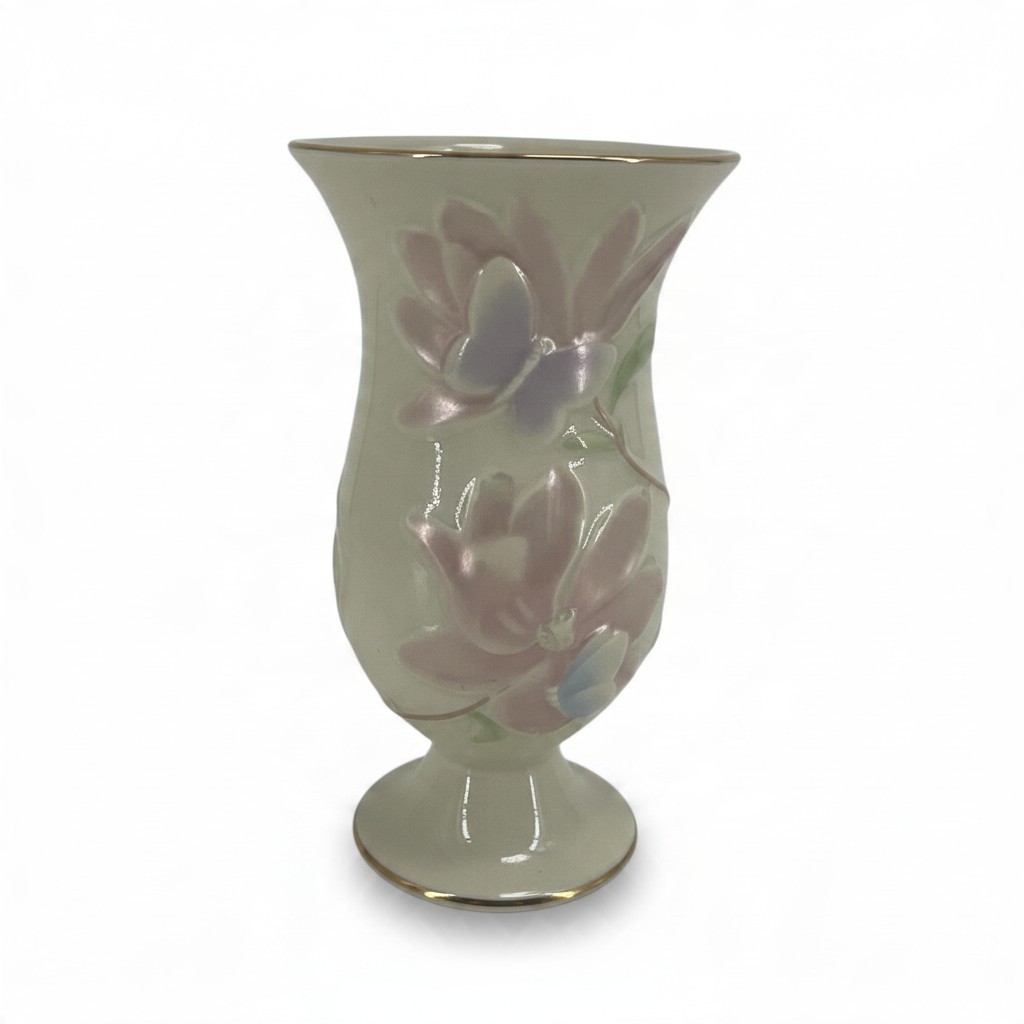Lenox Village Collection 2002 Fine Ivory China Pink Floral Trumpet Vase Gold Tri