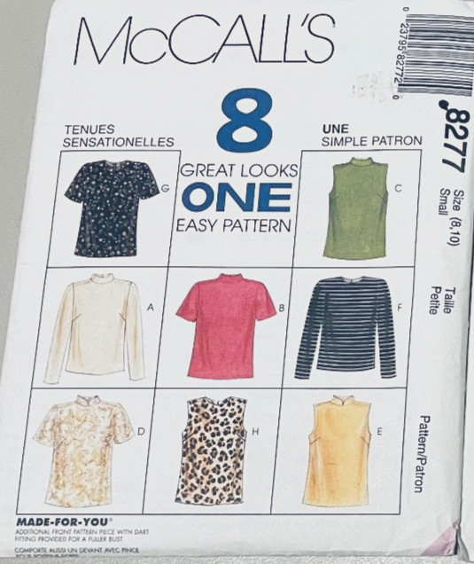 Easy McCall\'s Pattern 8277 Size S 8-10 Shirts Top Sleeve Neck Choice 8 Looks