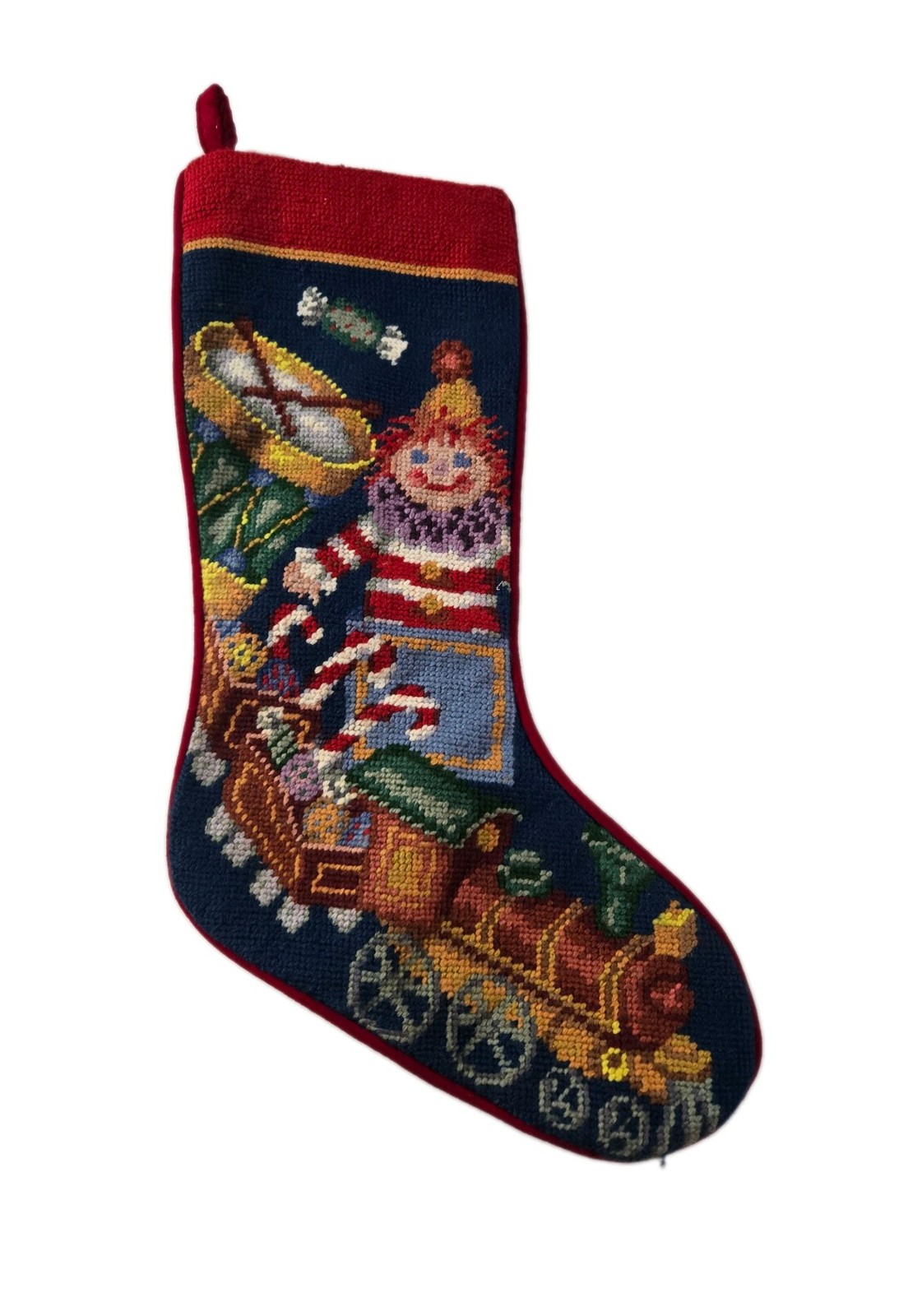 Beautiful Vtg. Handmade Needlepoint Stocking Velvet Back “Christmas Toys” 19” Beautiful Vtg. Handmade Needlepoint Stocking Velvet Back “Christmas Toys” 19”