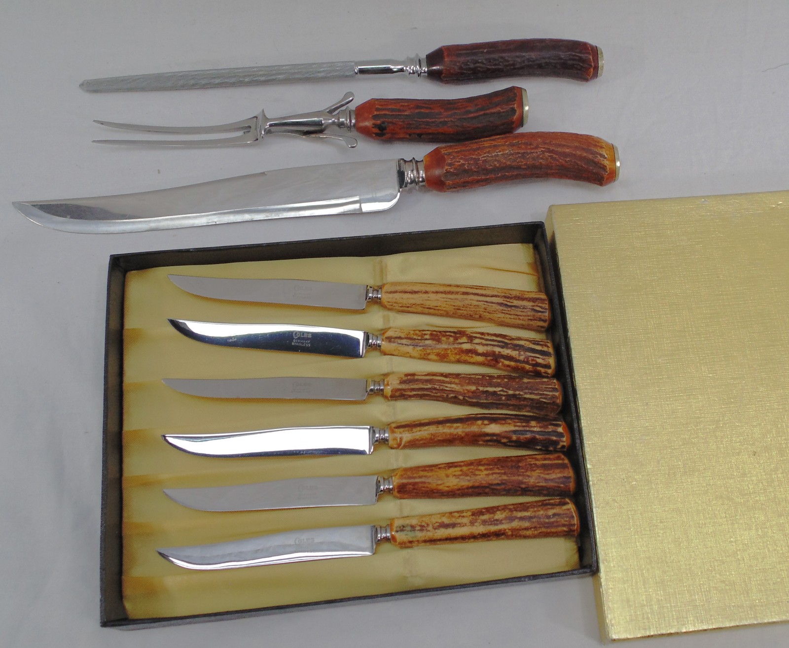 Vintage Coles Germany Stag Antler Horn Knife Set Cutlass Sheffield Carving Set