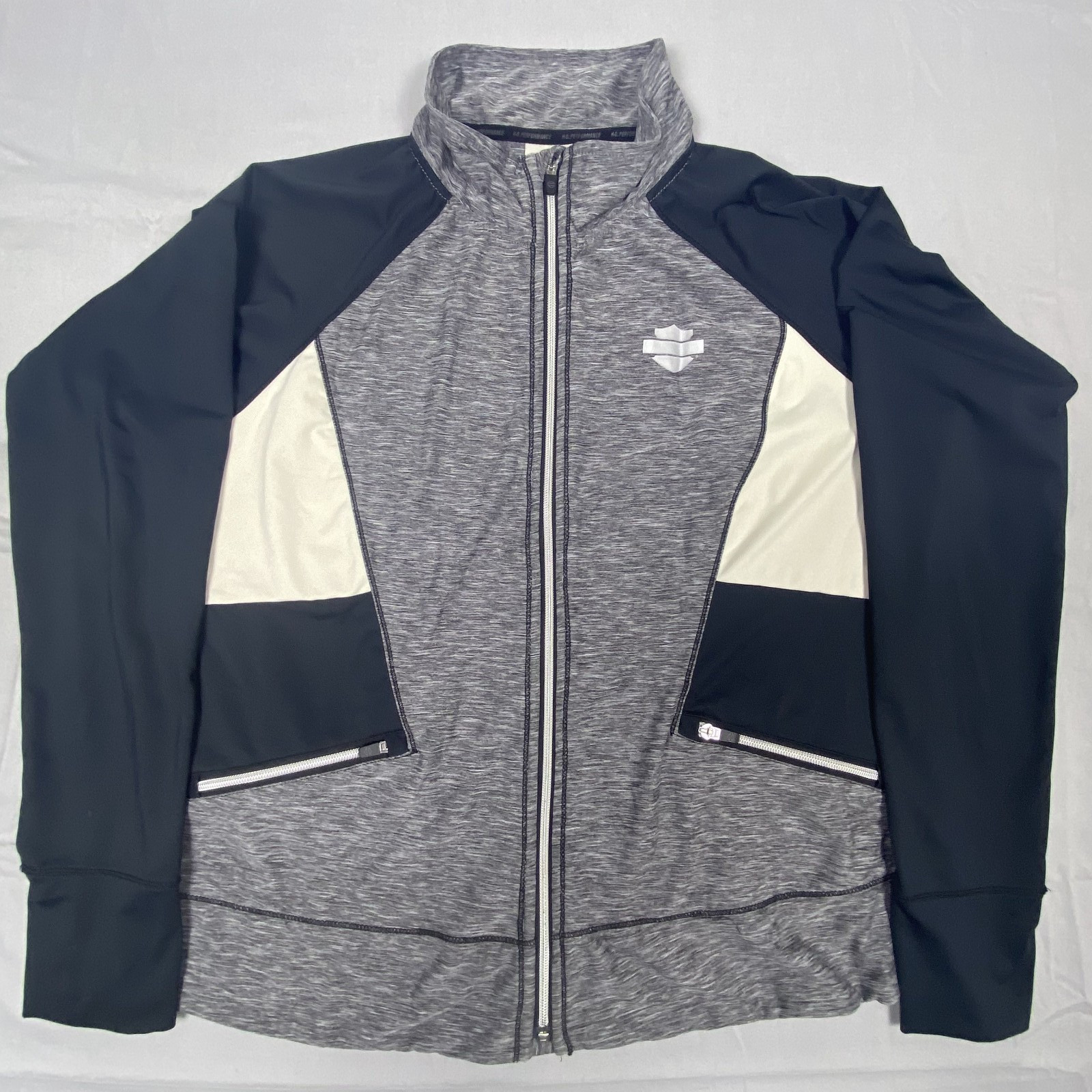 Harley Davidson Track Jacket Womens 2XL Gray Black Colorblock Mock Neck Full Zip Harley Davidson Track Jacket Womens 2XL Gray Black Colorblock Mock Neck Full Zip