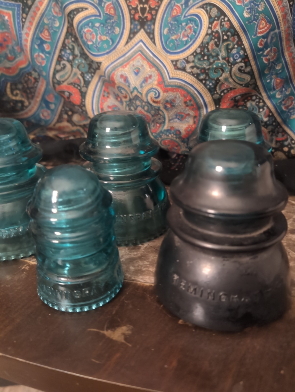 Five Vintage Heminggray Blue Glass Insulators