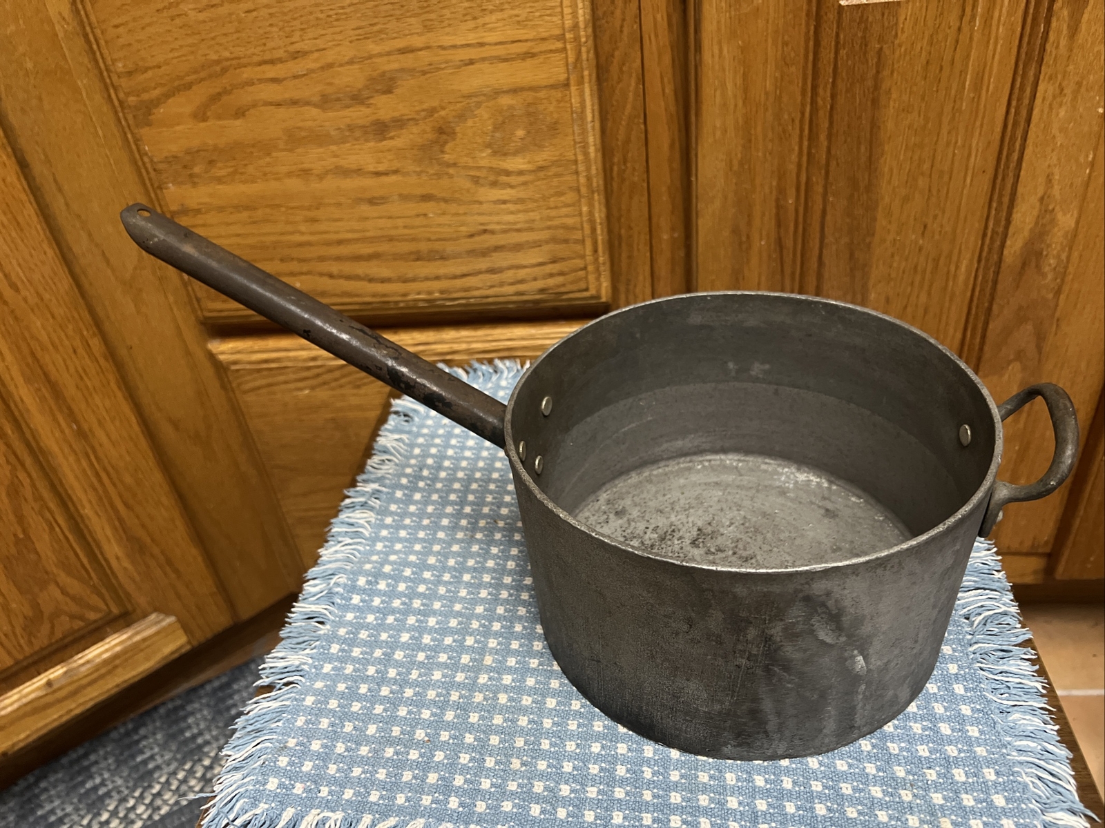 Double Old Handle Metal Aluminum Pan Pot Primitive 8x4.75x17”