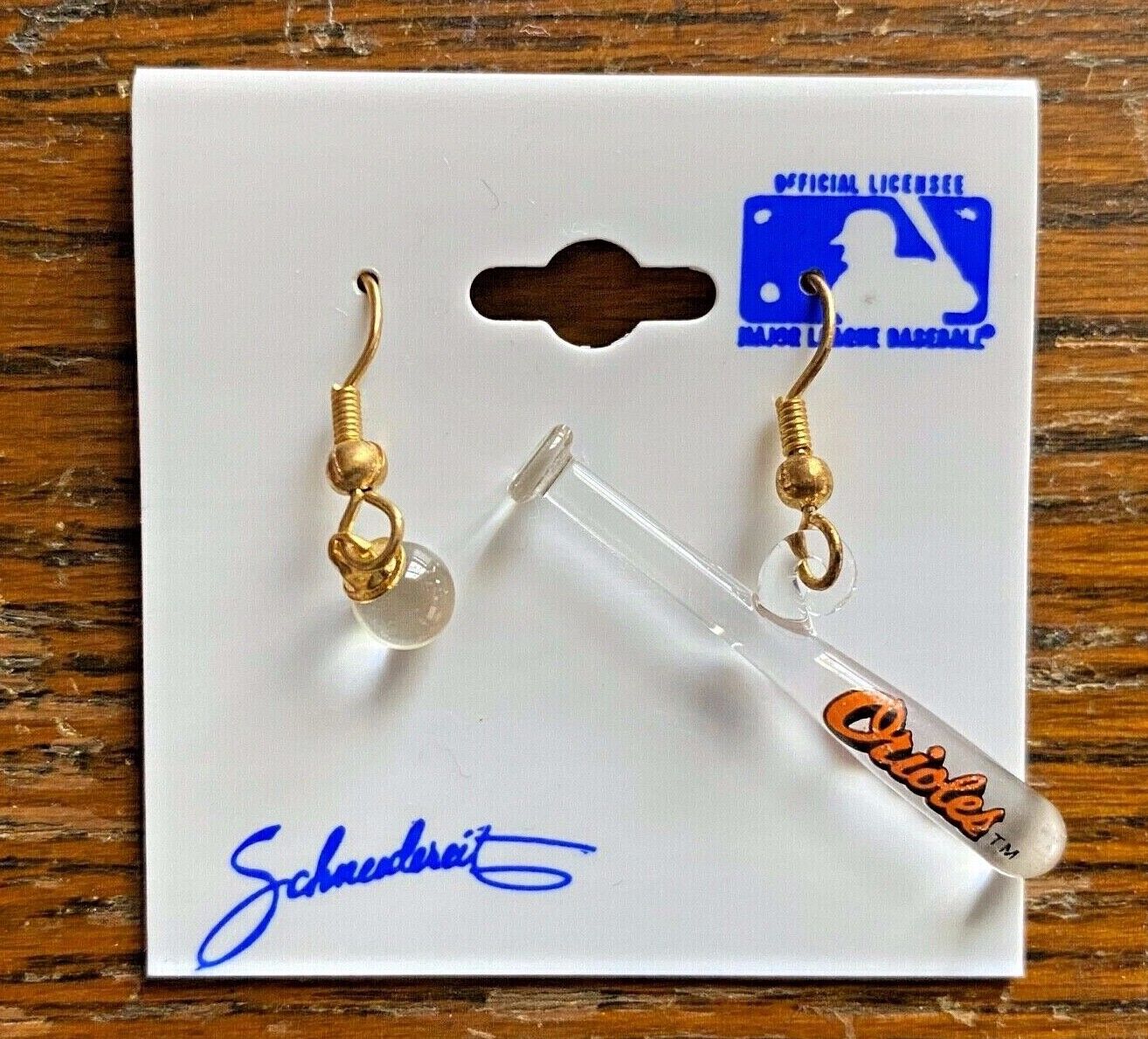 Baltimore Orioles Glass Earrings Vintage 1988 Baseball Bat & Ball MLB NOS NIP